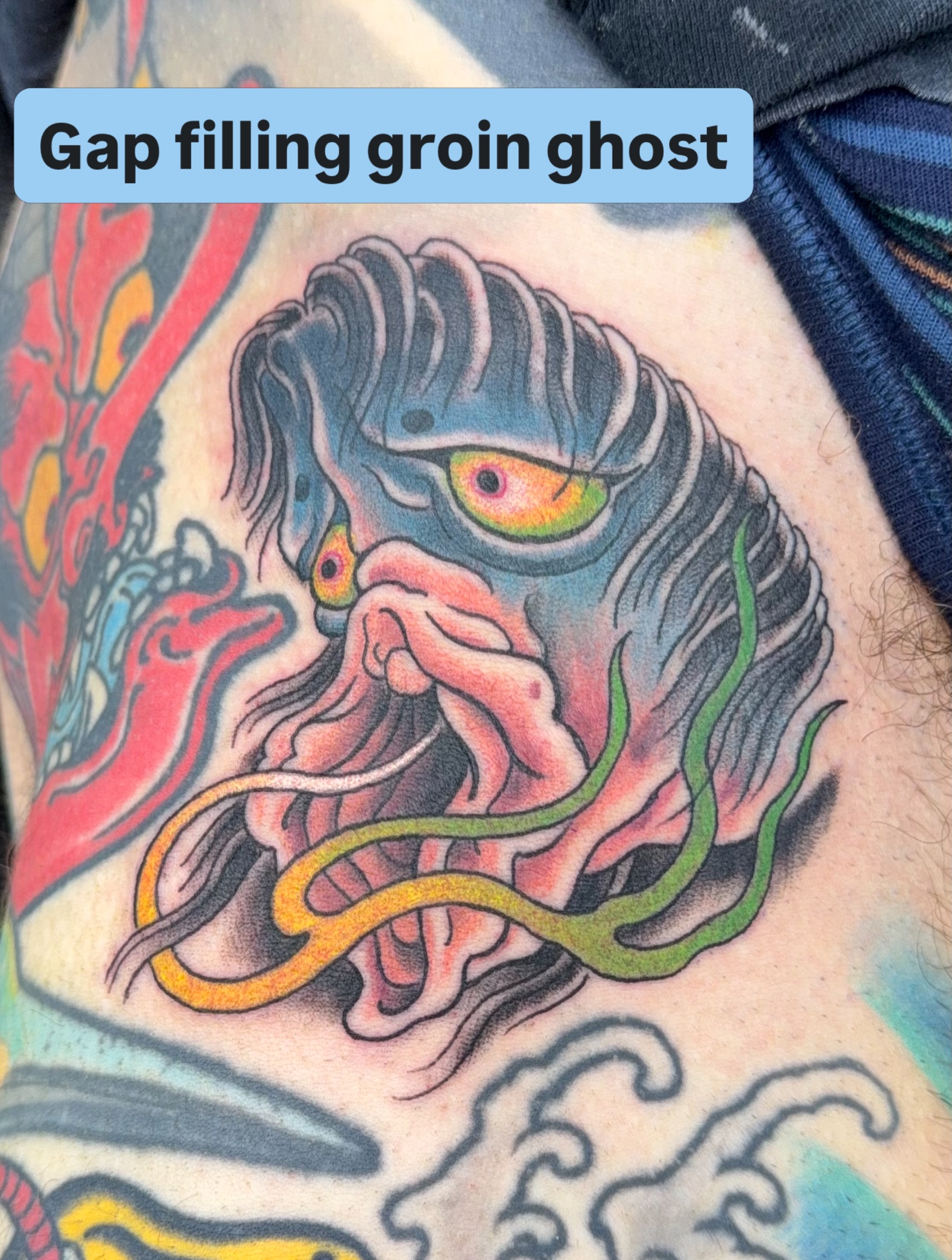 Groin ghost American traditional tattoo by James Bird, Vancouver, British Columbia