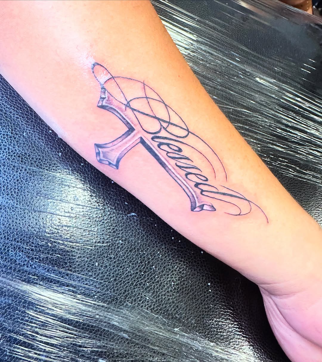 Tattoo by @inkbyhailey — lettering_script, black_and_grey