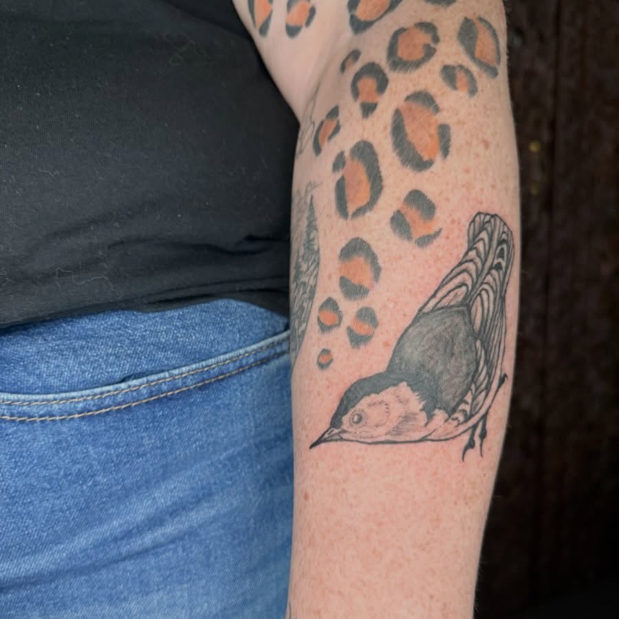 Bird black and grey tattoo on the forearm by Emily Rose Lumsdaine