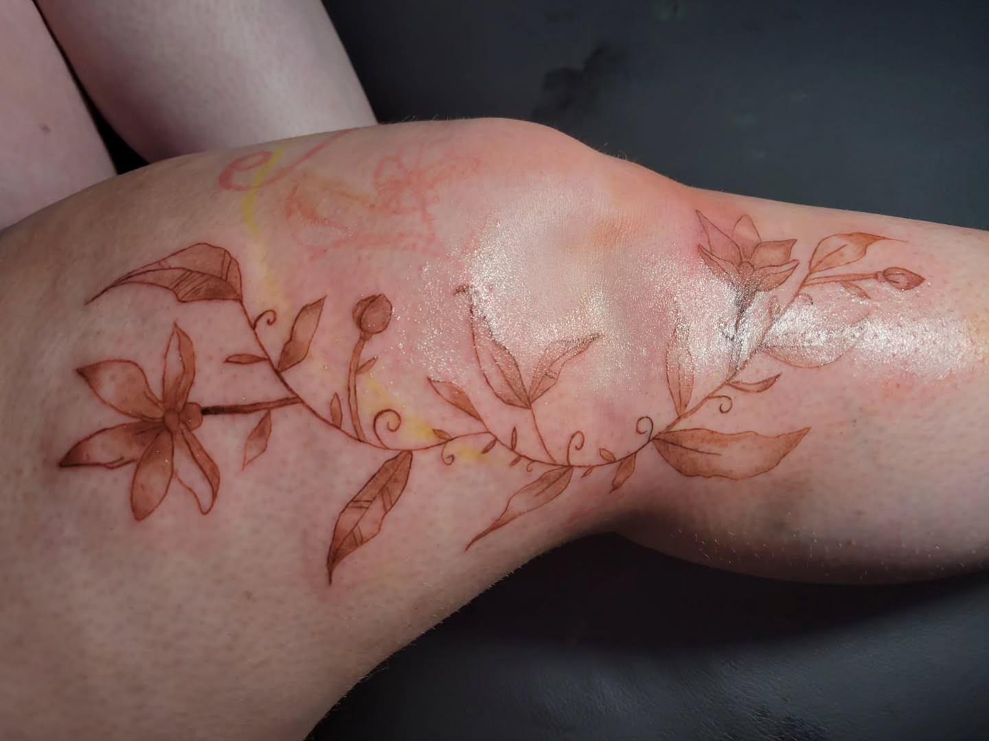 Floral vine fine line tattoo on the forearm by Bee
