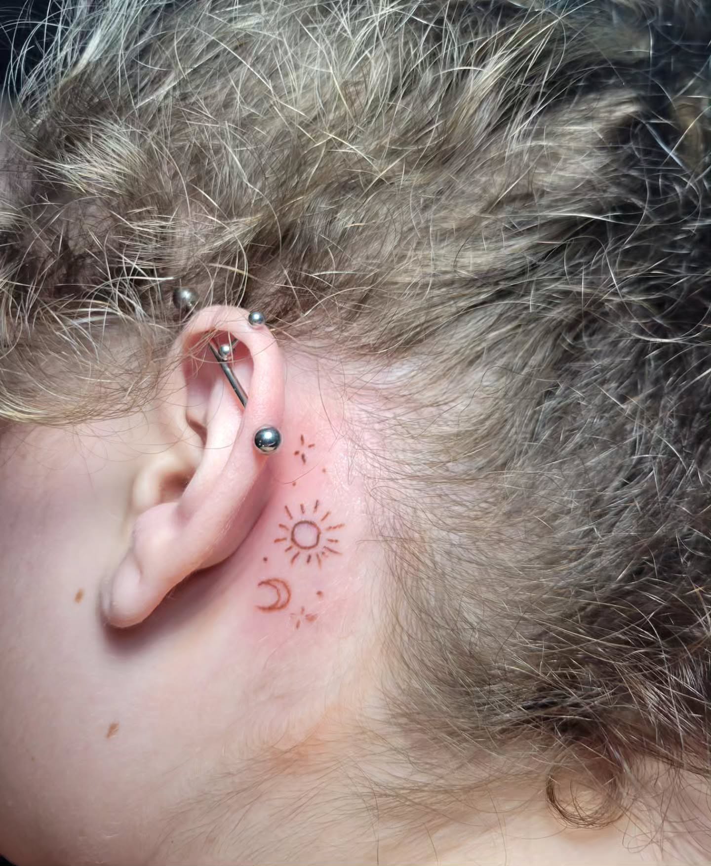 Sun, moon, stars dotwork tattoo by Bee