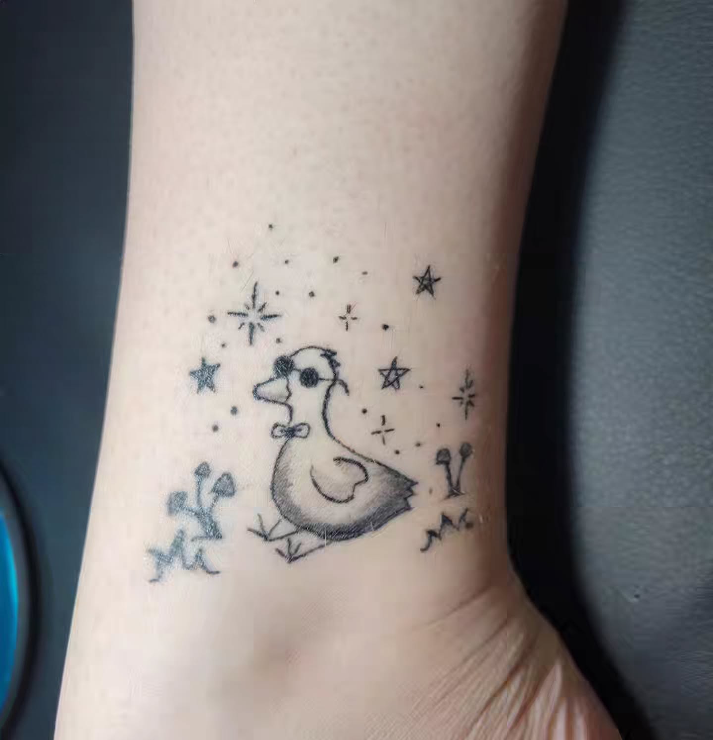 Duck with stars dotwork tattoo on the forearm by Bee