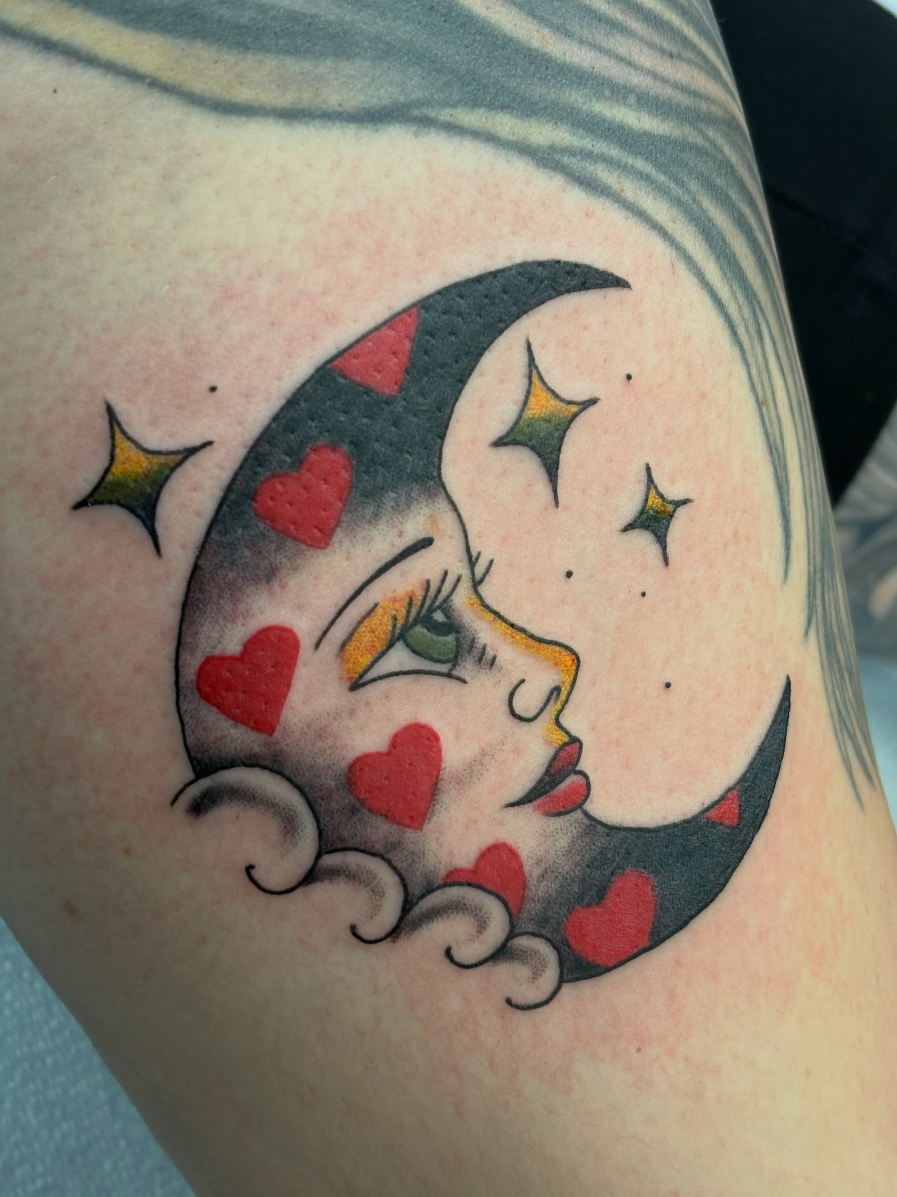 Moon and woman American traditional tattoo on the thigh by Jason Allen, Avondale, Arizona