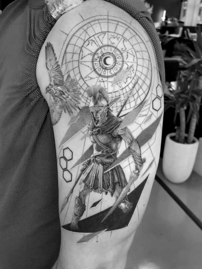 Samurai warrior geometric tattoo on the forearm by Dan Sprague