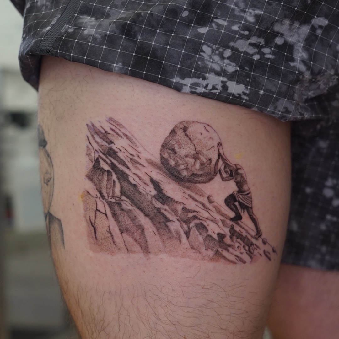 Rock rolling dotwork tattoo on the thigh by Josh Infante