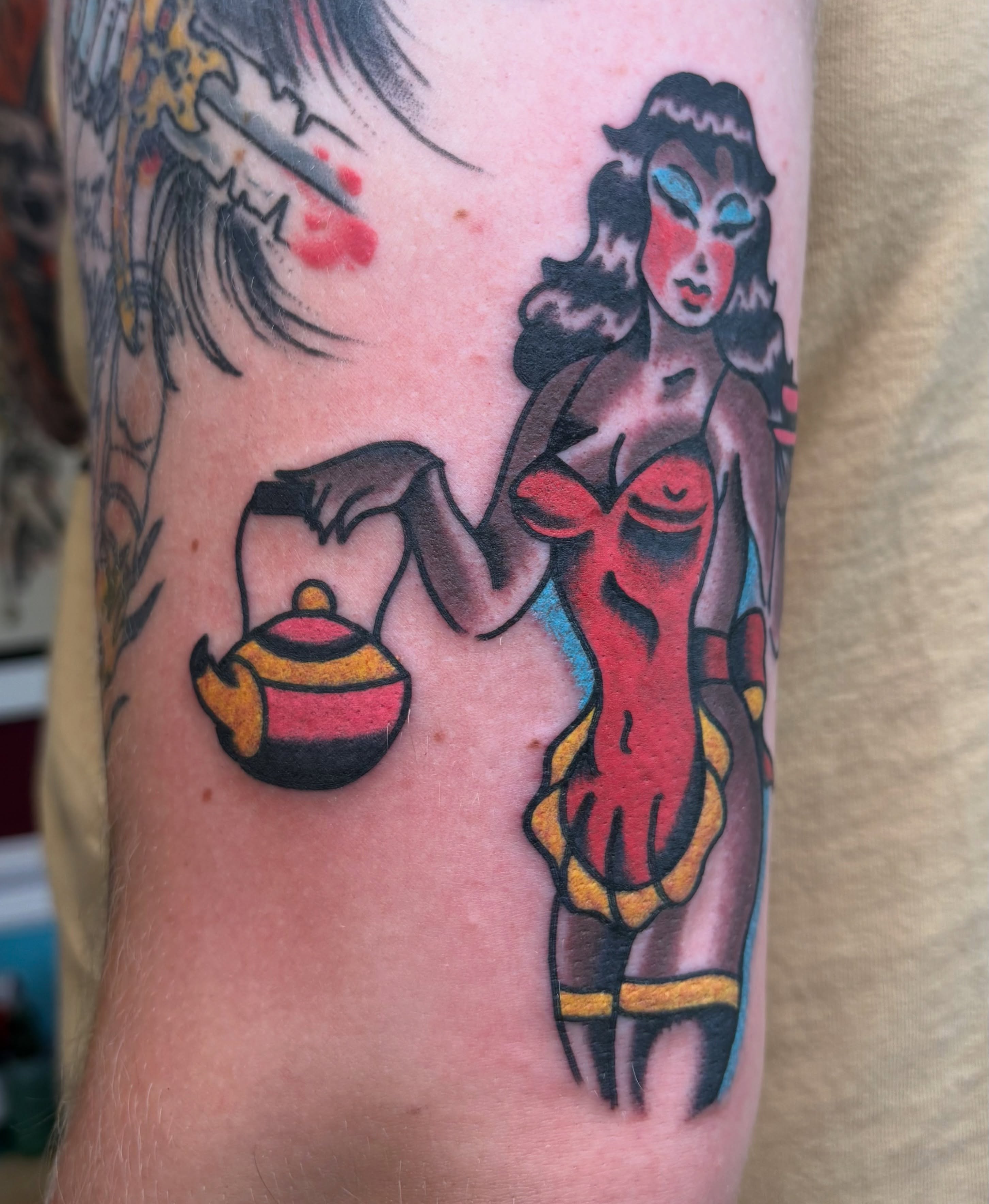 Woman with kettle American traditional tattoo on the forearm by Jake Herbert, Knoxville, Tennessee