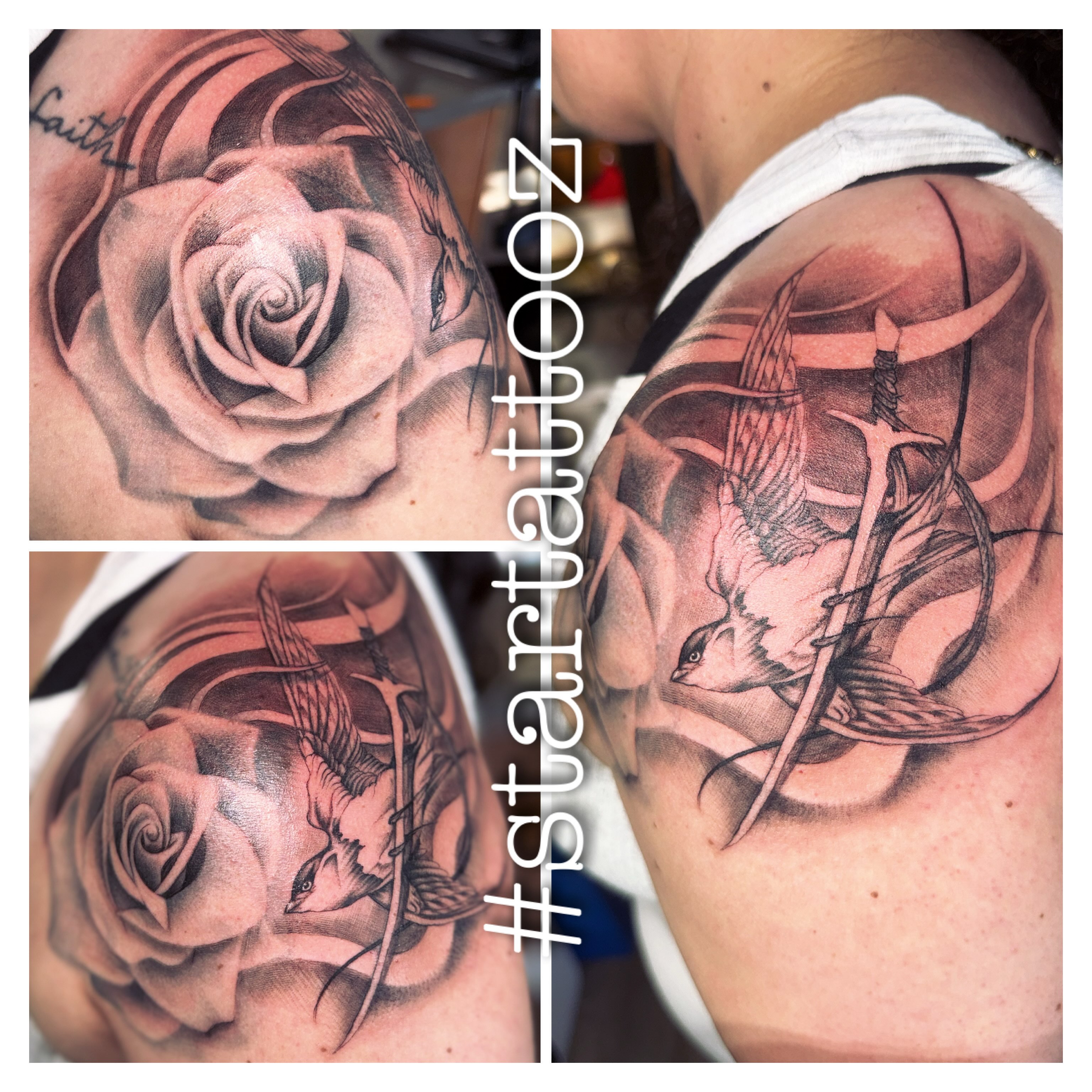 Rose and bird realism tattoo on the shoulder by StarTattooz - the one & only