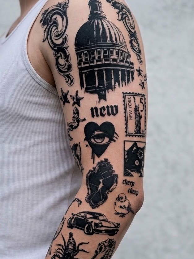 Building and heart black and grey tattoo on the forearm by Koreatattoo Seoultattoo hongdaetattoo 서울타투