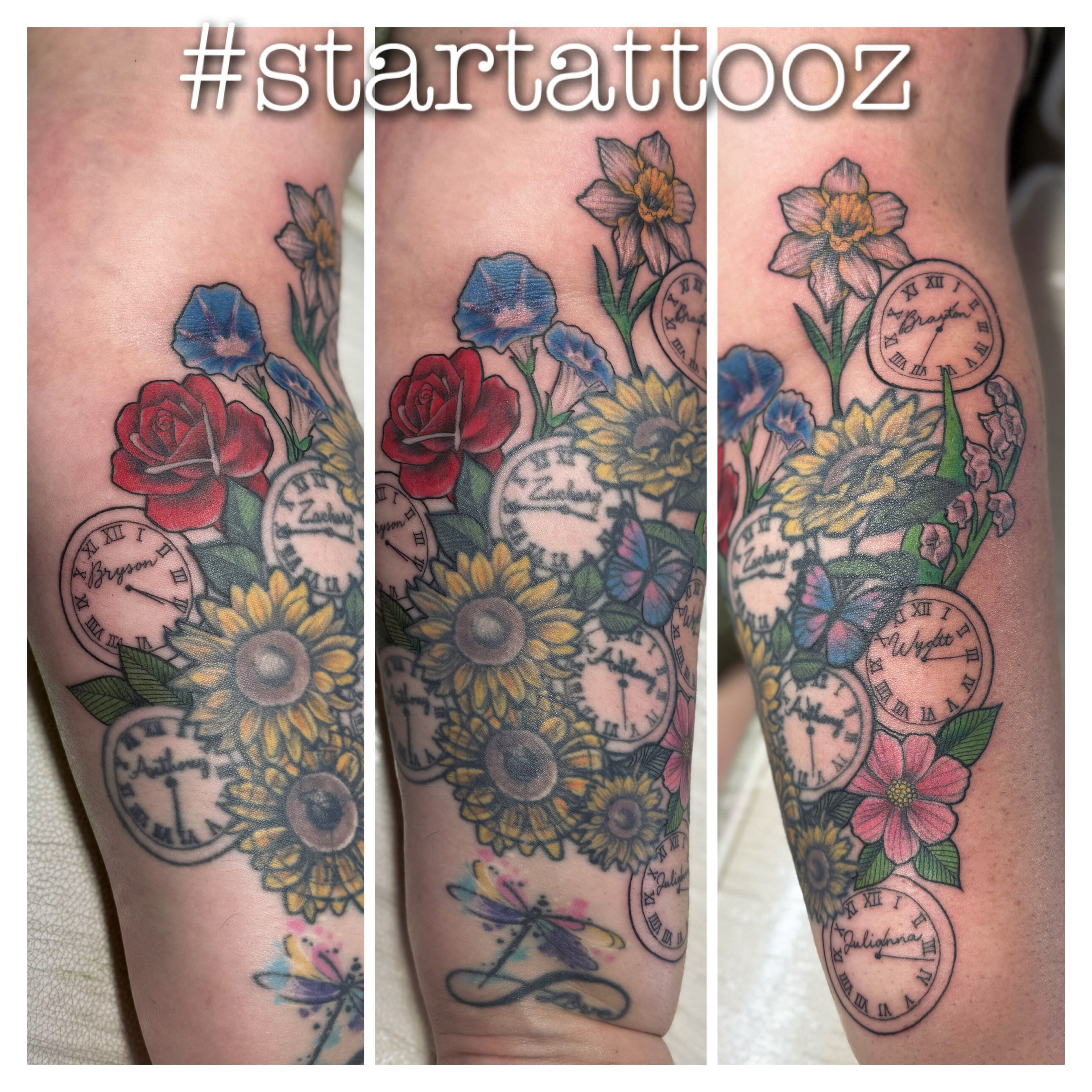 Floral arrangement with clocks new school tattoo on the forearm by StarTattooz - the one & only