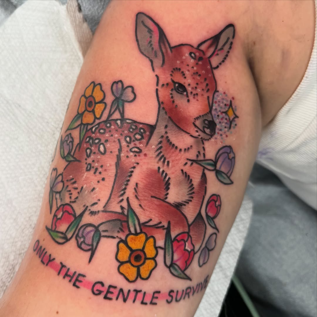Deer and flowers American traditional tattoo on the forearm by Kurt Brecheis Jr., Malvern, Pennsylvania