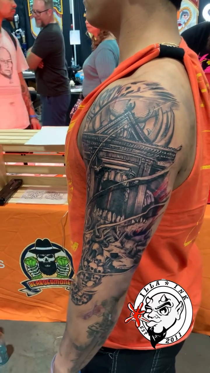 Gothic architecture and skulls realism tattoo by Daniel Illachek