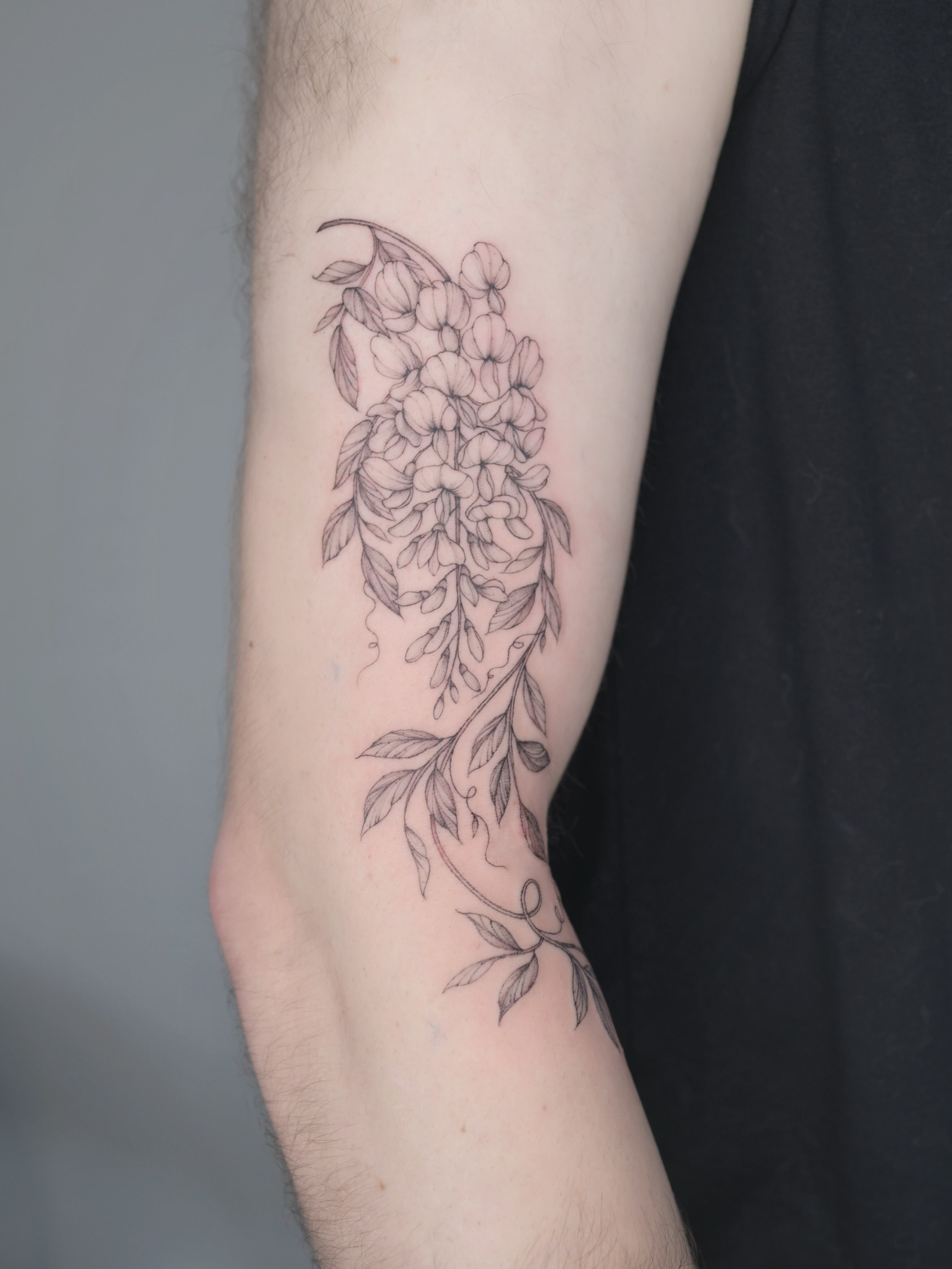 Wisteria black and grey tattoo on the forearm by Seattle tattoo artist-Mia