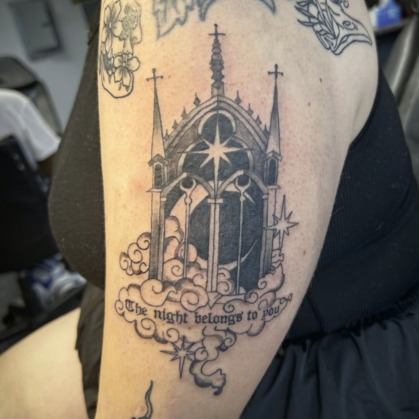 Gothic cathedral black and grey tattoo on the forearm by Gillian
