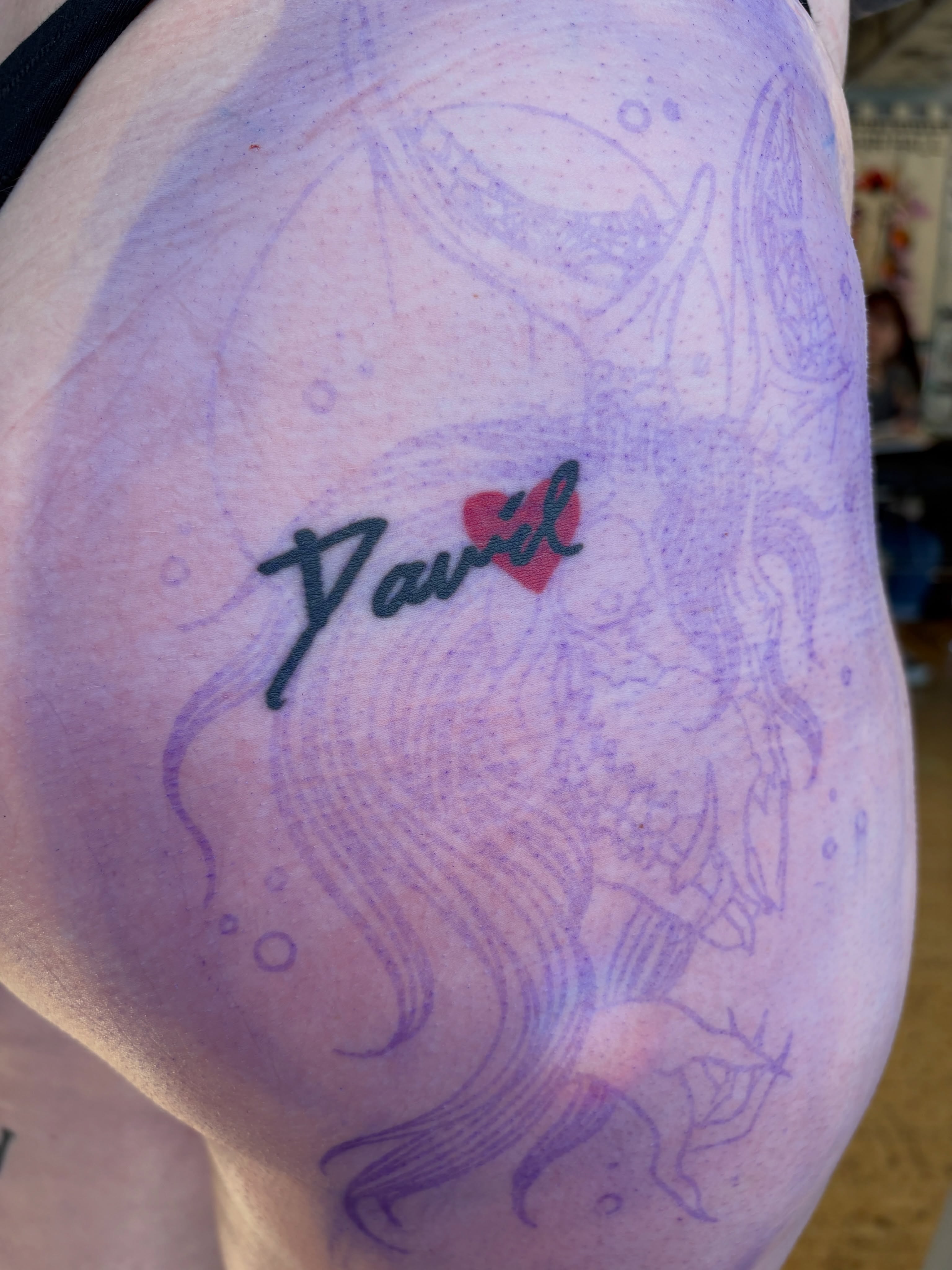Mermaid dotwork tattoo on the thigh by Kimber Teatro, Portland, Oregon