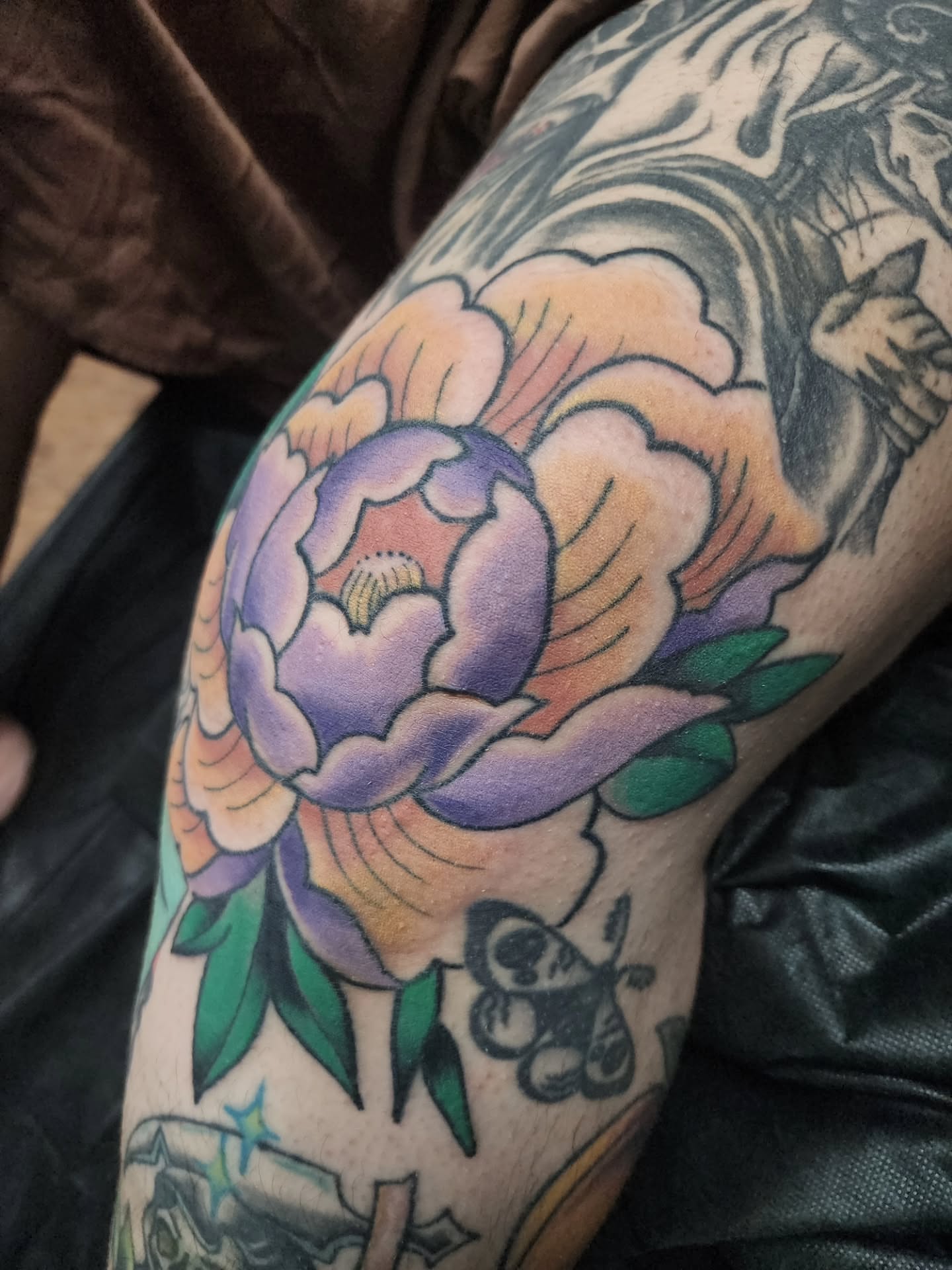 Peony flower American traditional tattoo on the forearm by Meggalodon 🖤 (Meggan Rose)