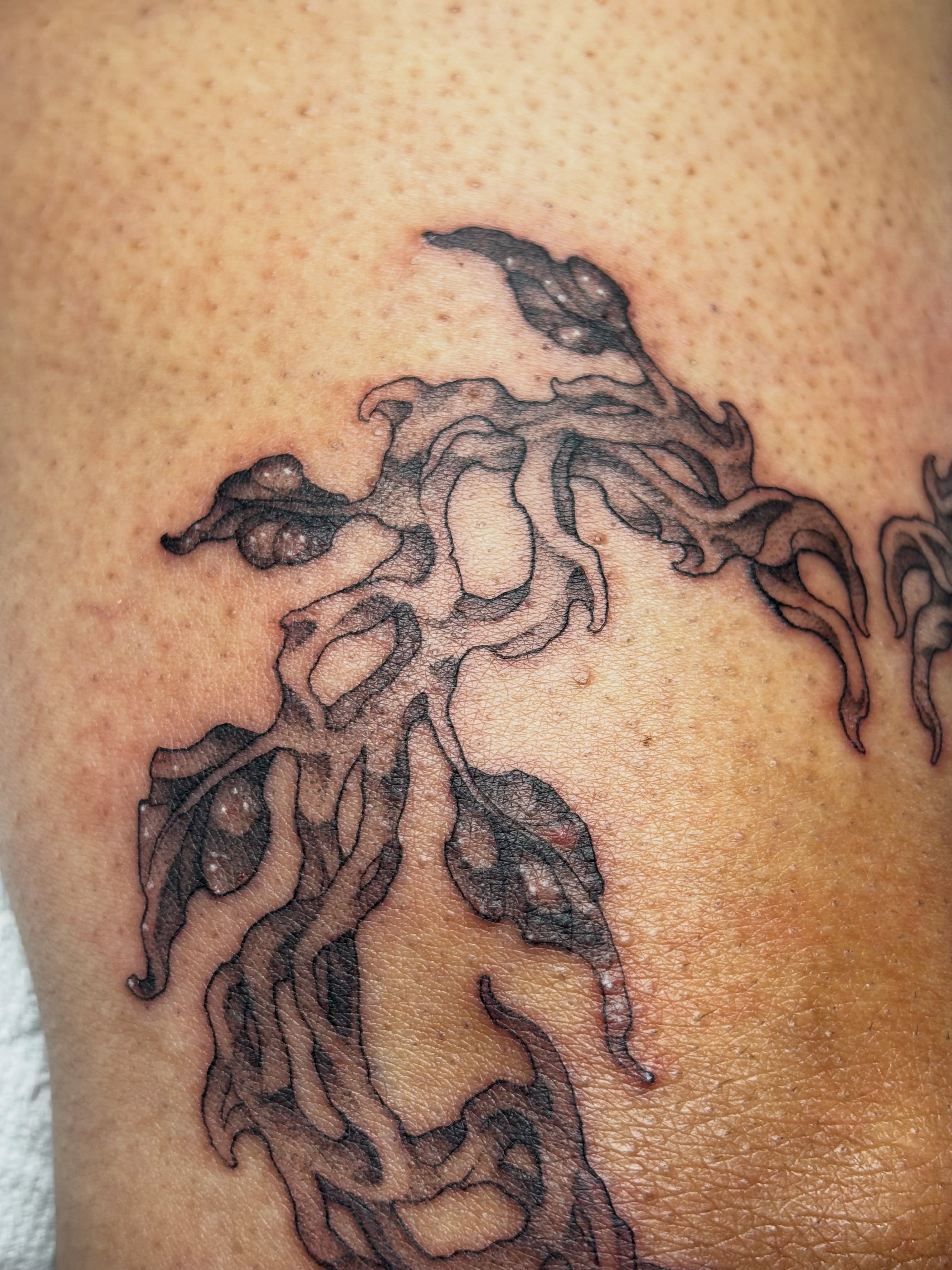 Abstract tree black and grey tattoo on the thigh by Rachel Foster