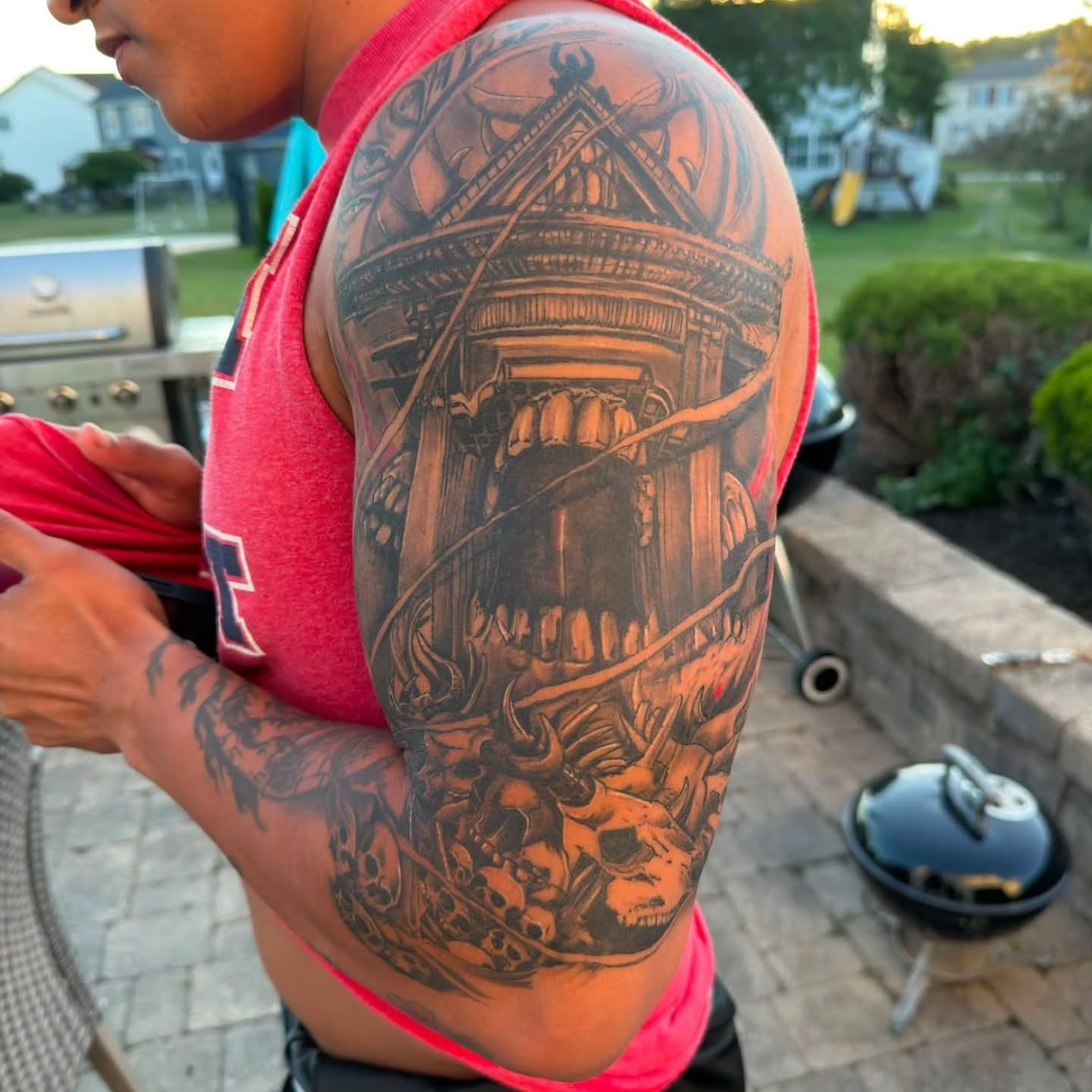Ancient temple realism tattoo on the shoulder by BeardedMoney