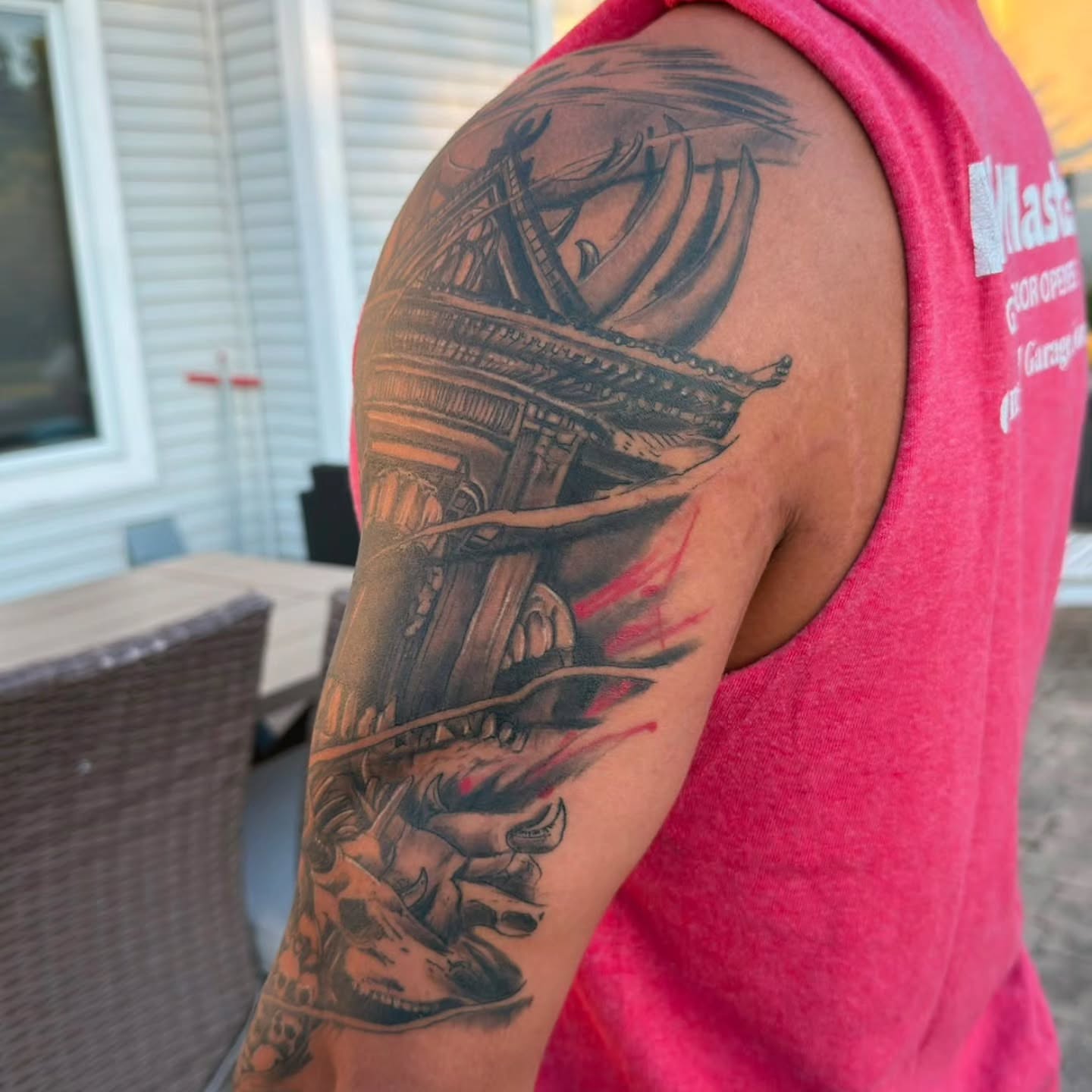Ship black and grey tattoo on the upper arm by BeardedMoney