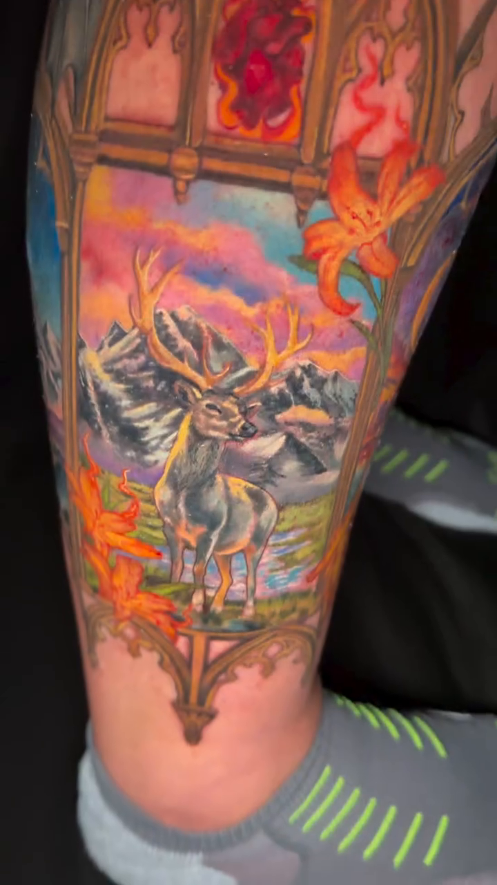 Stag and mountain landscape realism tattoo by Kelsey Kemp