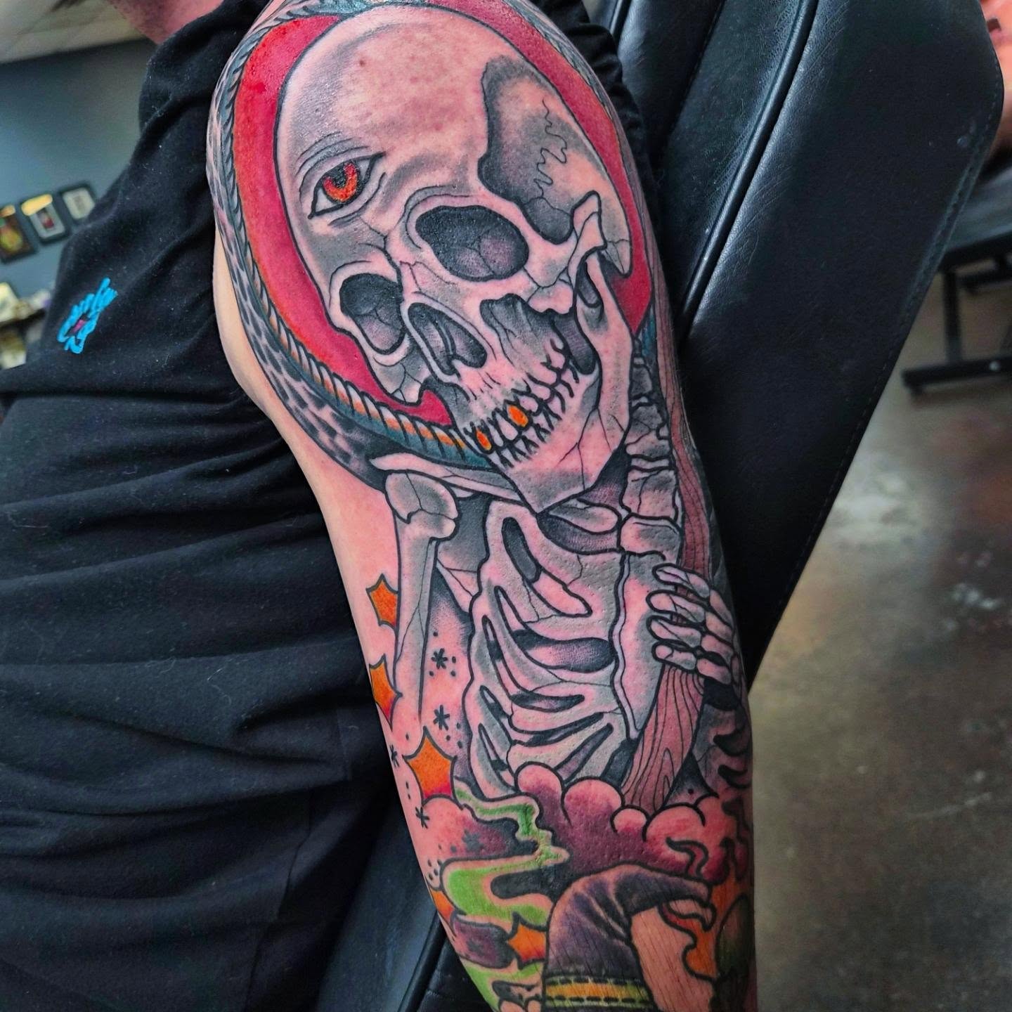 Skeleton American traditional tattoo on the forearm by Taylor Popkins