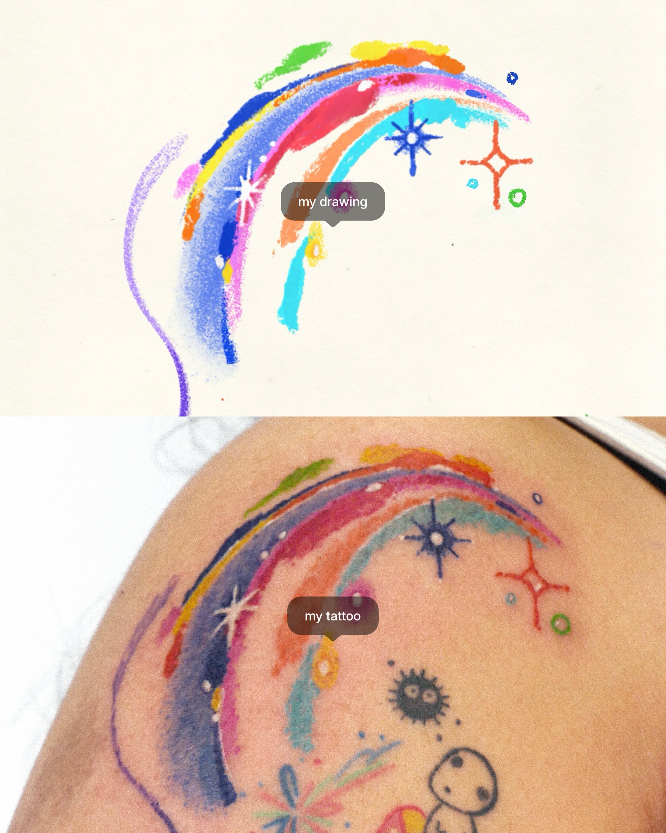 Rainbow and stars watercolor tattoo on the shoulder by dahye lee