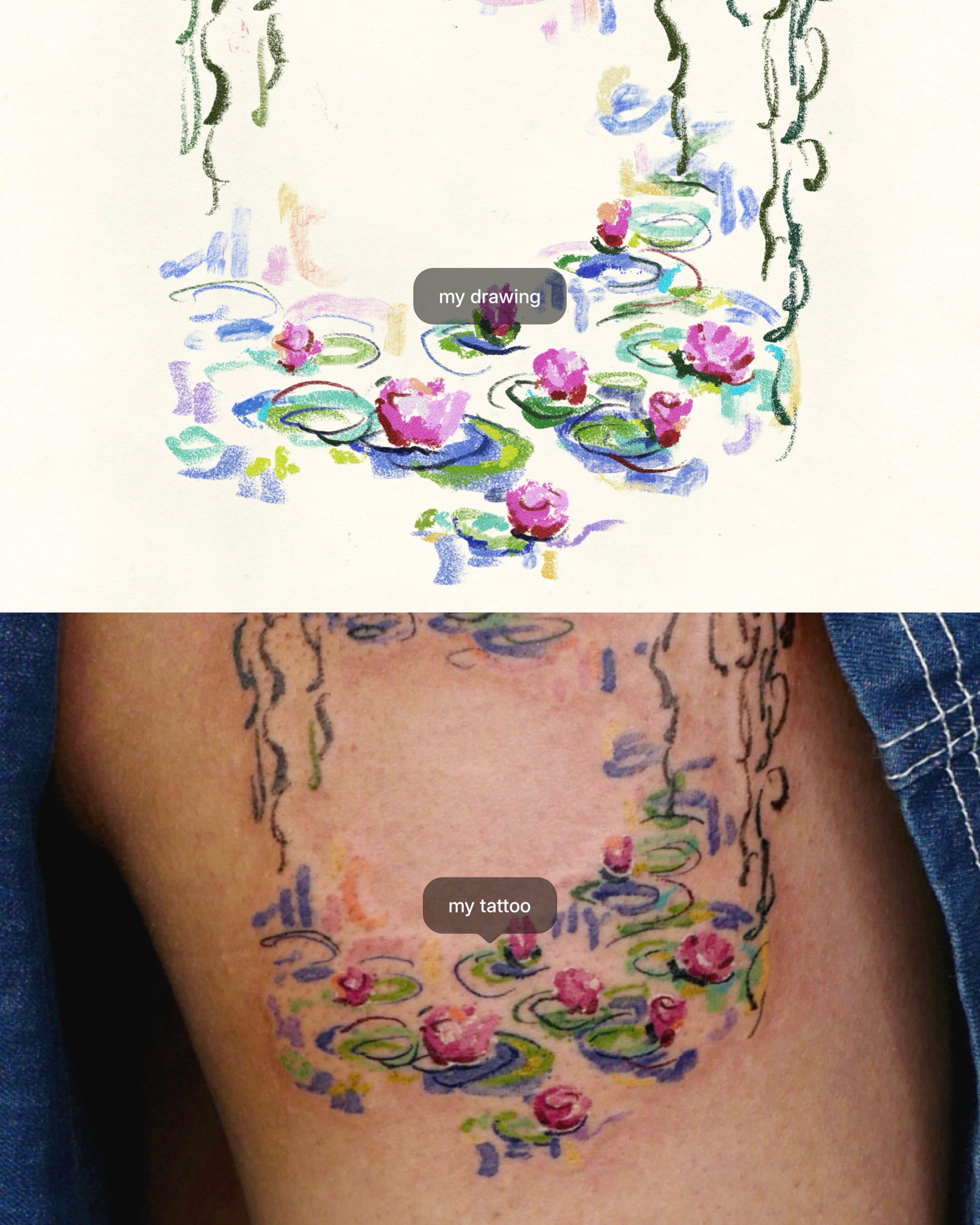 Water lilies watercolor tattoo on the thigh by dahye lee