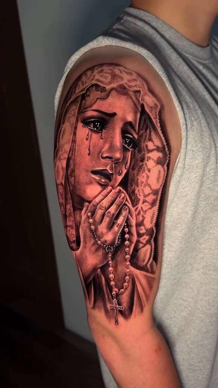 Virgin Mary with rosary realism tattoo by inkzombi