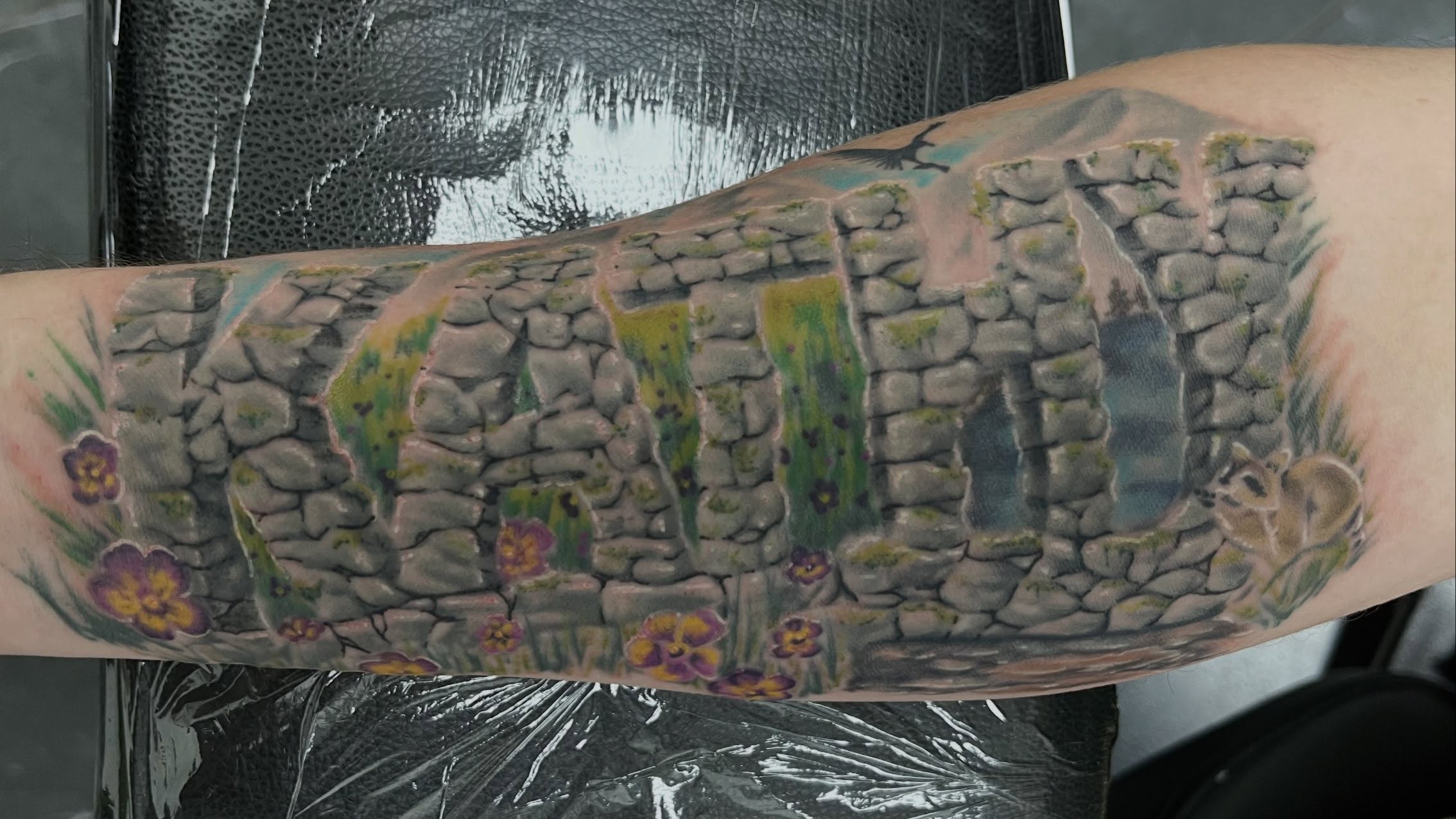 Stone wall with landscape realism tattoo on the forearm by 3rd Eye Tattoo and Art Gallery