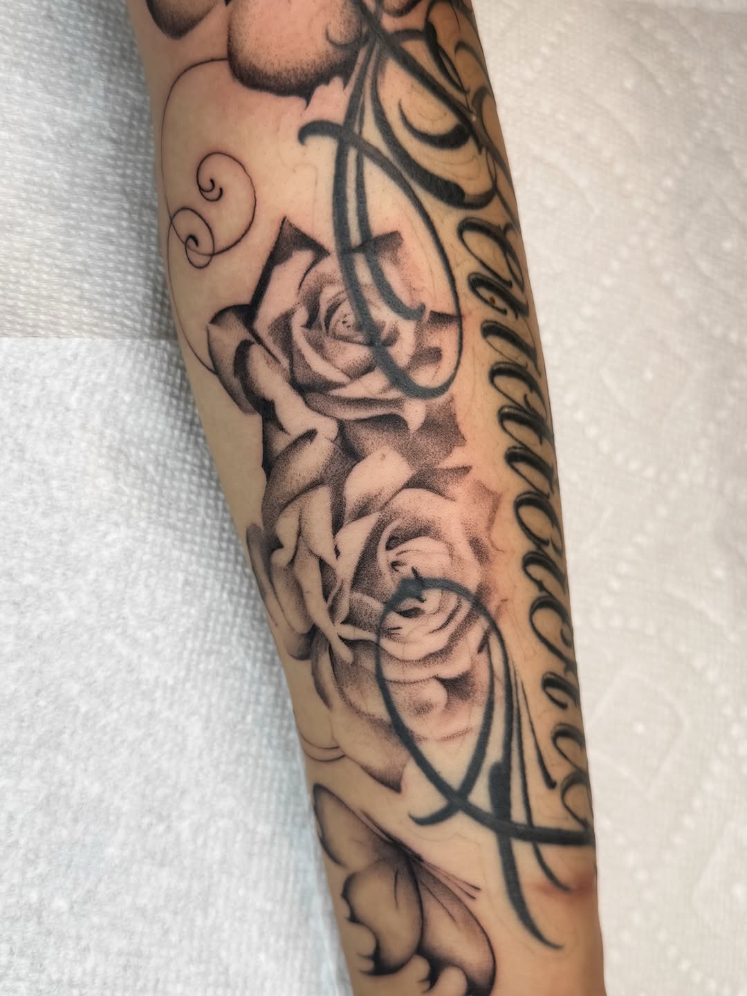 Tattoo by @ryleecooktattoo — black_and_grey, lettering_script