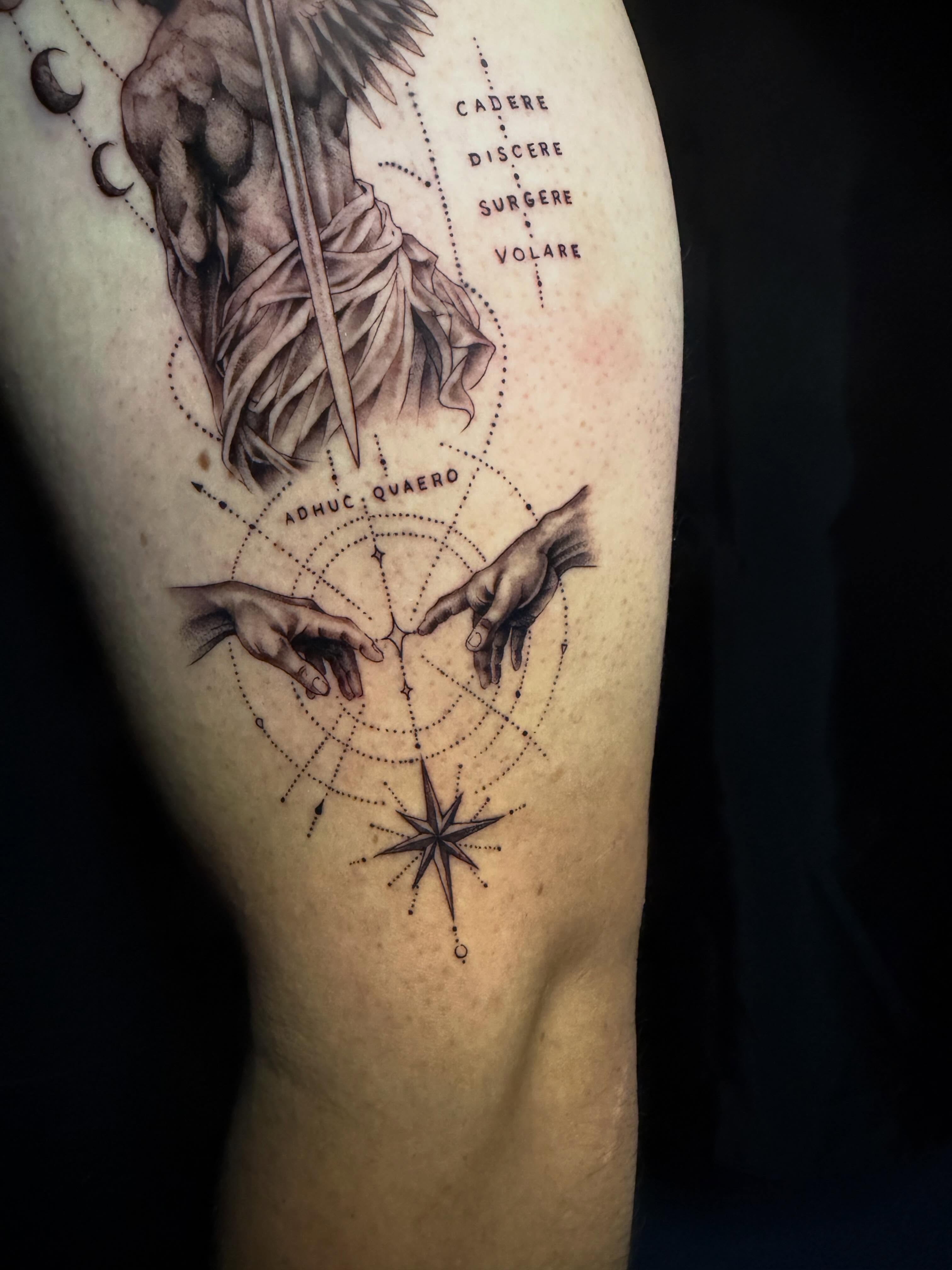 Ancient figure and hands geometric tattoo on the thigh by Jan Xander