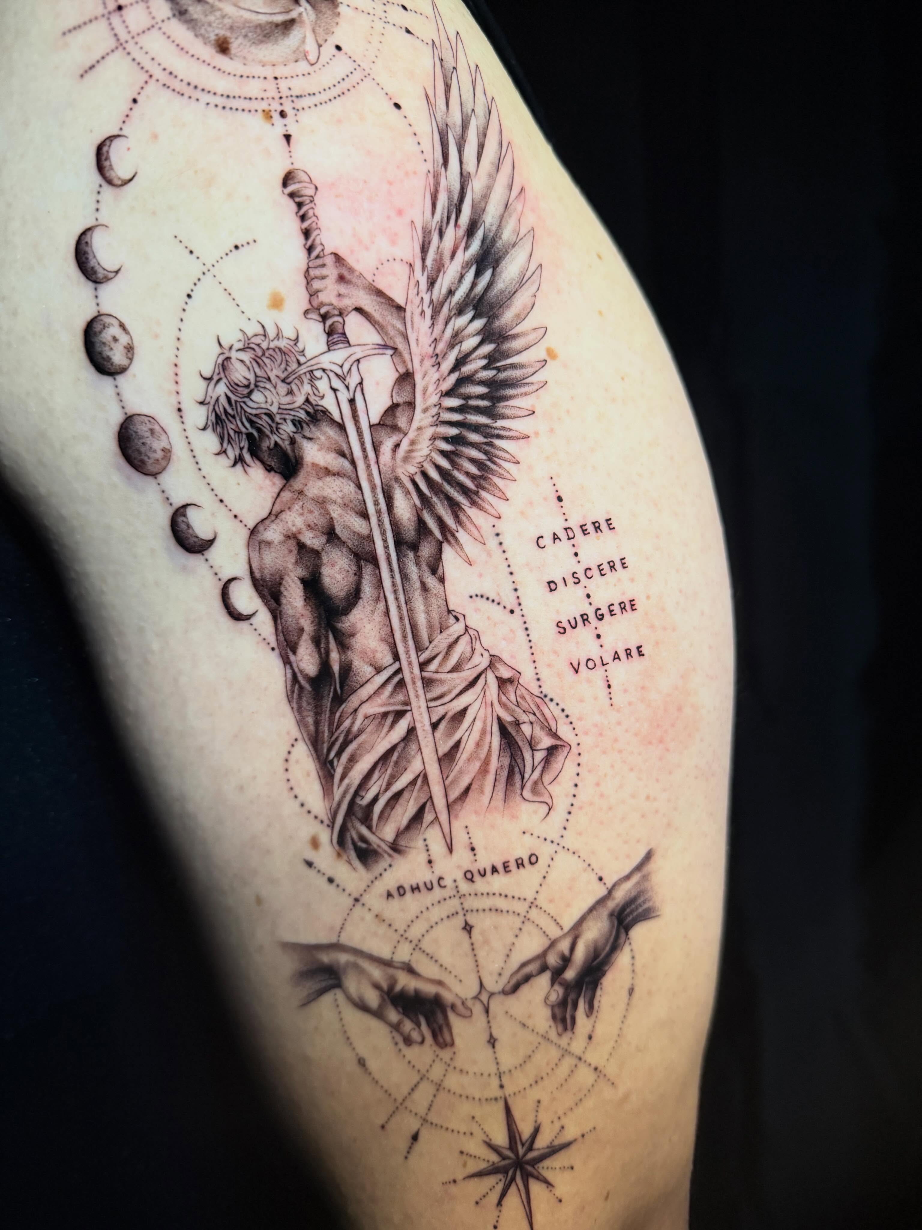 Angelic warrior realism tattoo on the thigh by Jan Xander