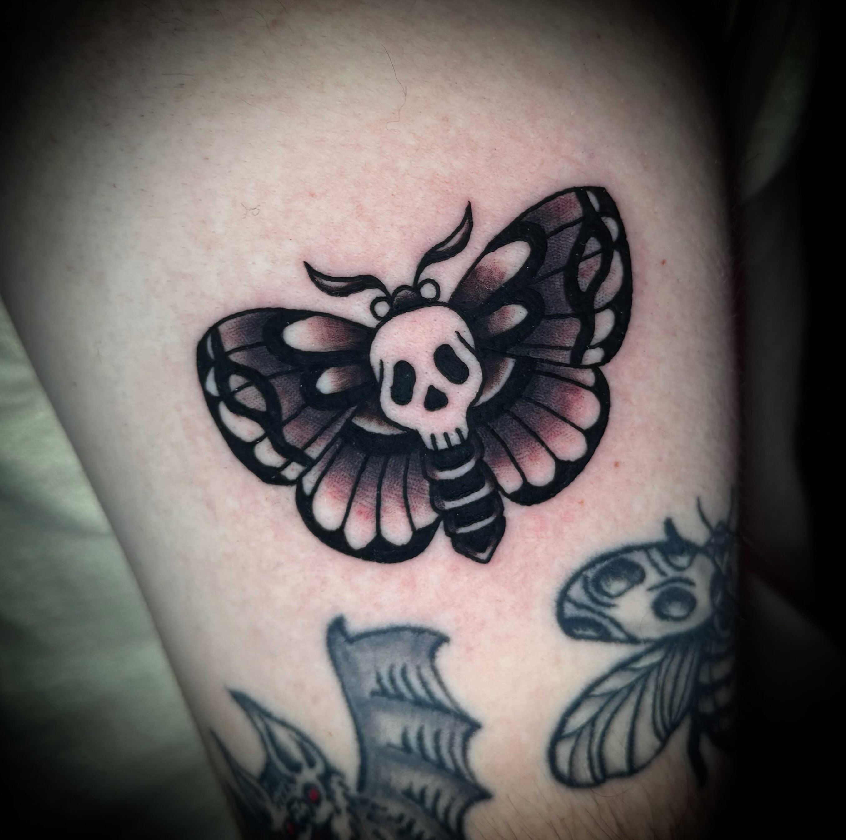 Moth with skull head black and grey tattoo on the forearm by Savannah Duff
