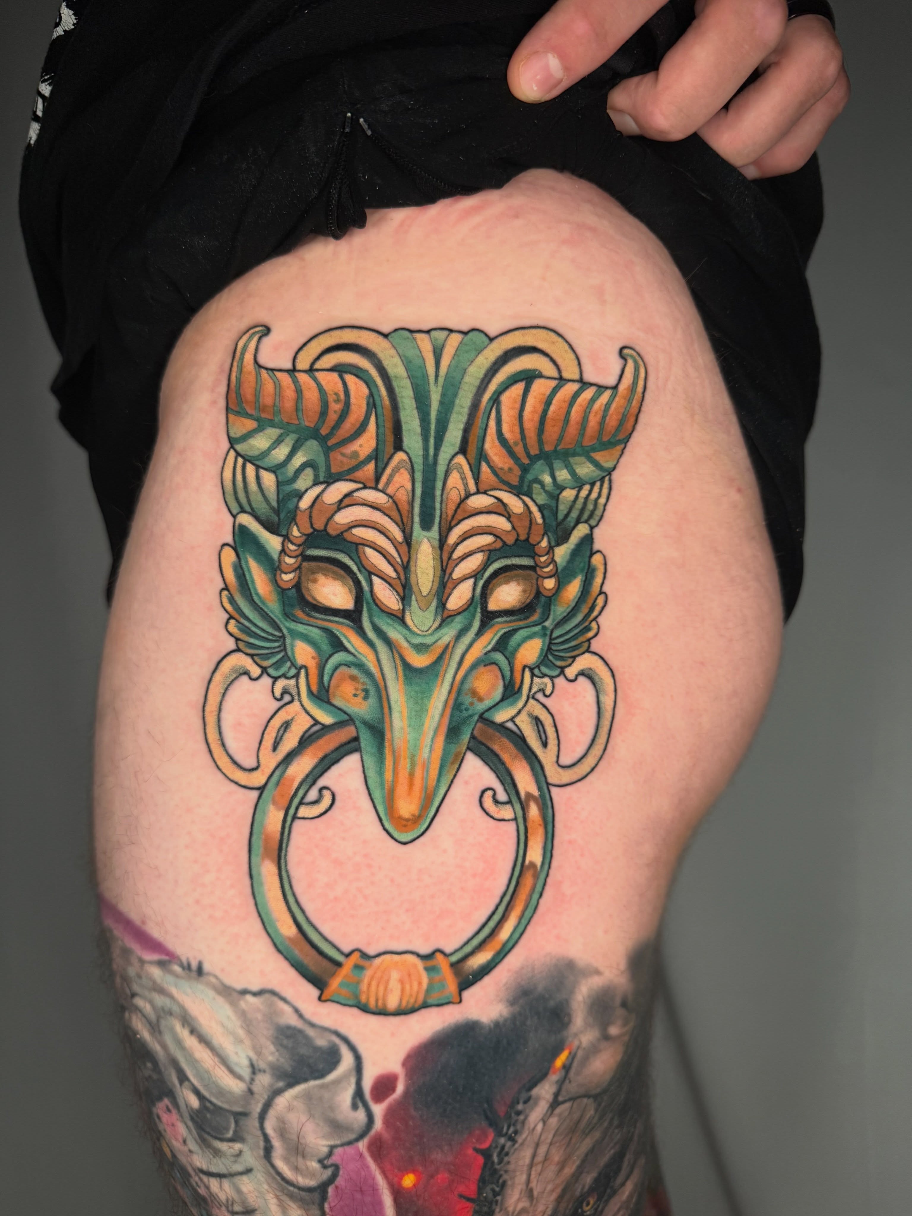 Mask geometric tattoo on the thigh by β«οΈπ―πππππ - Ohio Tattoo Artist β«οΈ