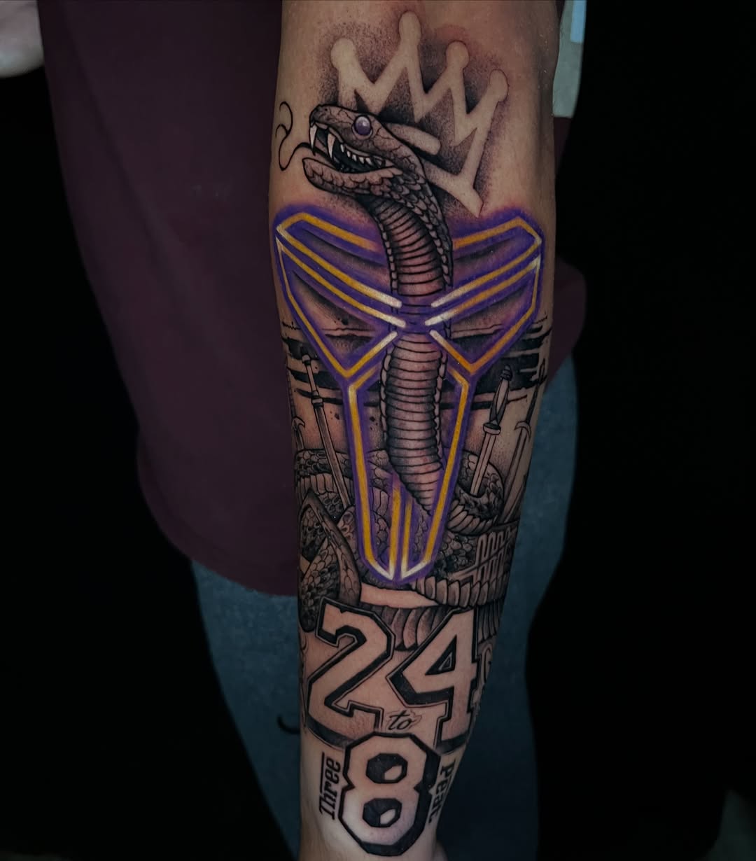 Kobe bryant tribute geometric tattoo on the forearm by Cuda