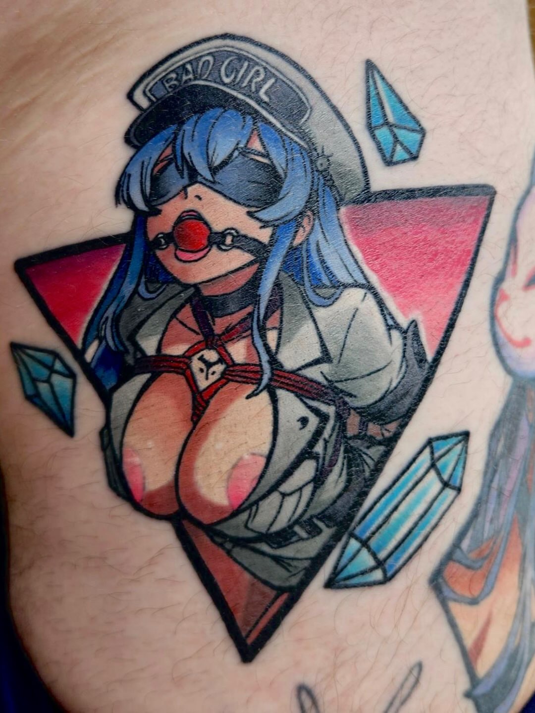 Anime character anime tattoo on the thigh by Austin Young