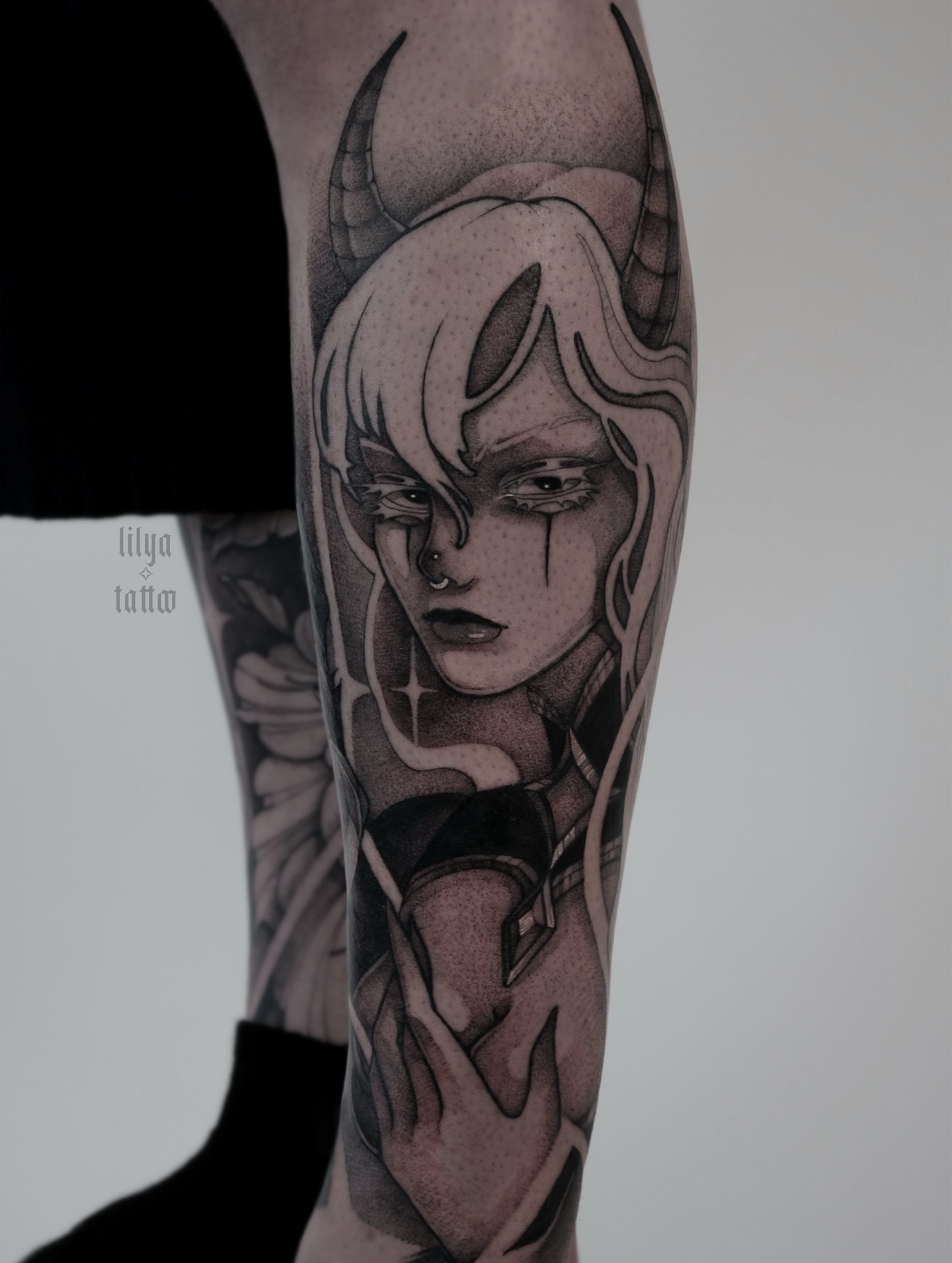 Female character dotwork tattoo on the forearm by ✧ ʟɪʟʏᴀ
