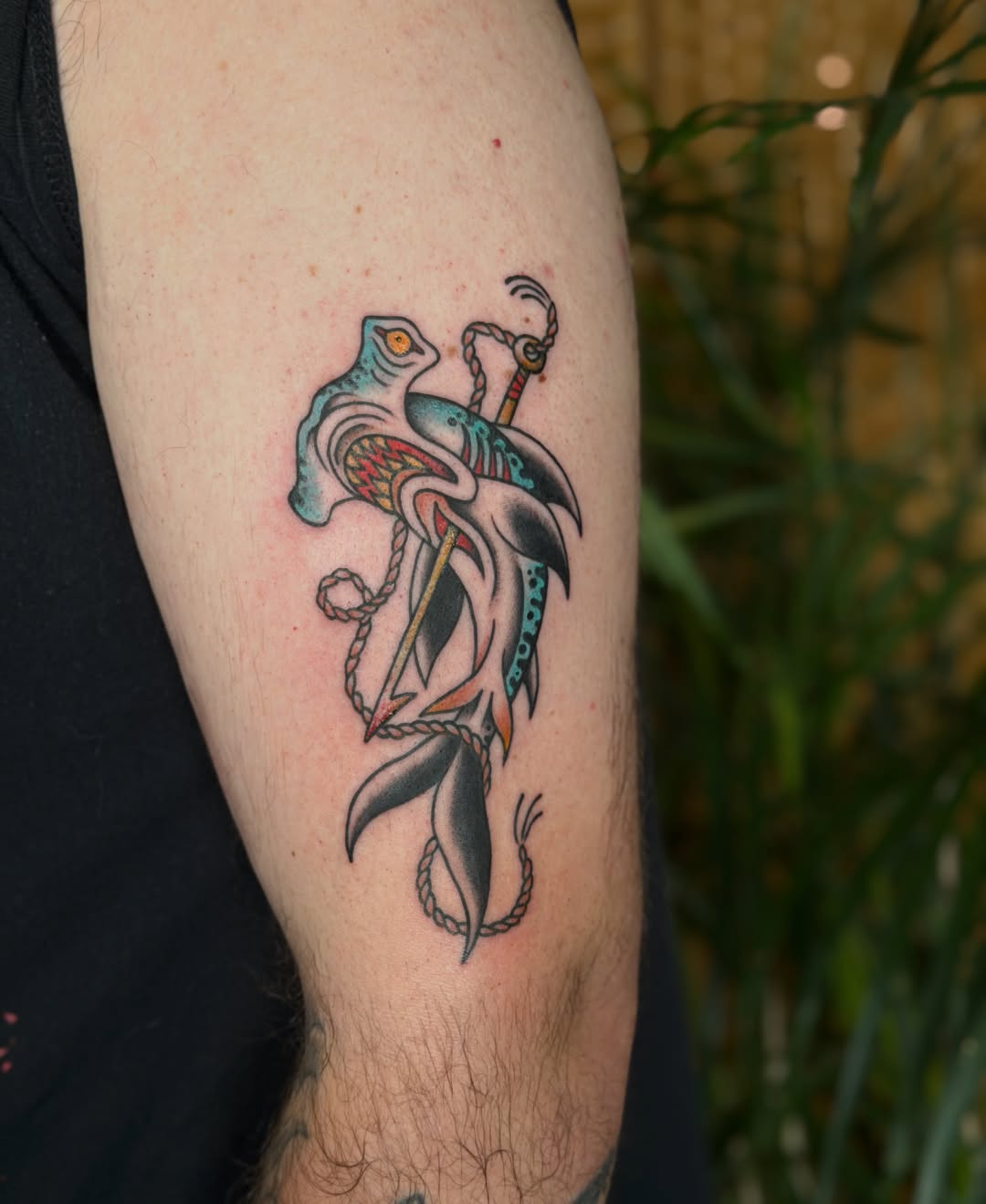 Shark and sword American traditional tattoo on the forearm by Fabian💉 Tattoo artist