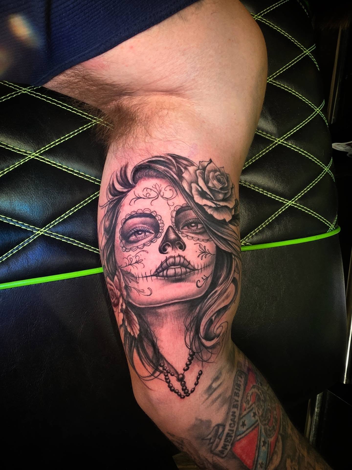 Sugar skull woman realism tattoo on the forearm by komik tattoos