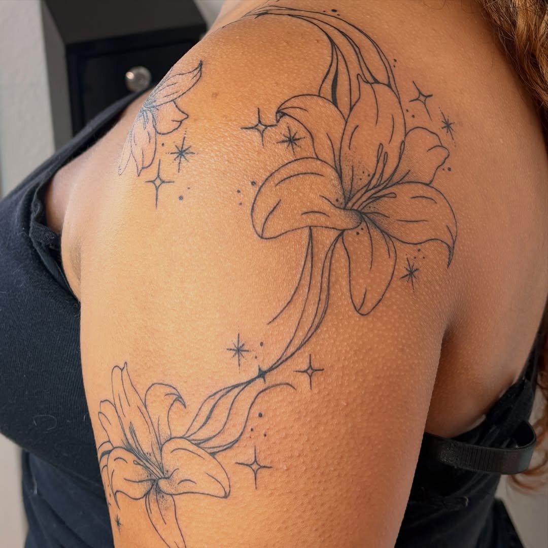 Lily flowers black and grey tattoo on the shoulder by Emma🌸✨Austin Tattoo Artist