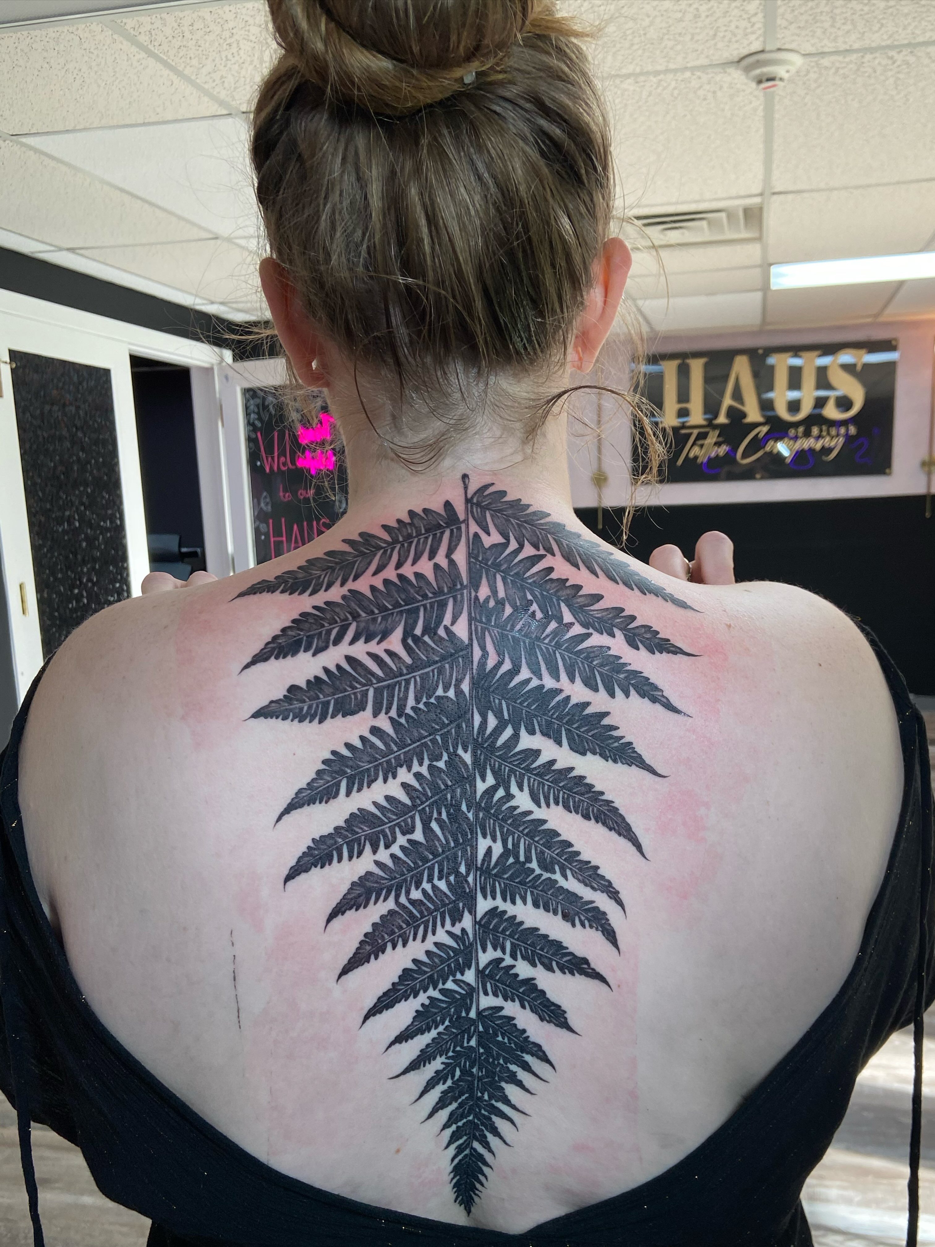 Fern leaf black and grey tattoo on the back by ✶ teryn ✶, Akron, Ohio