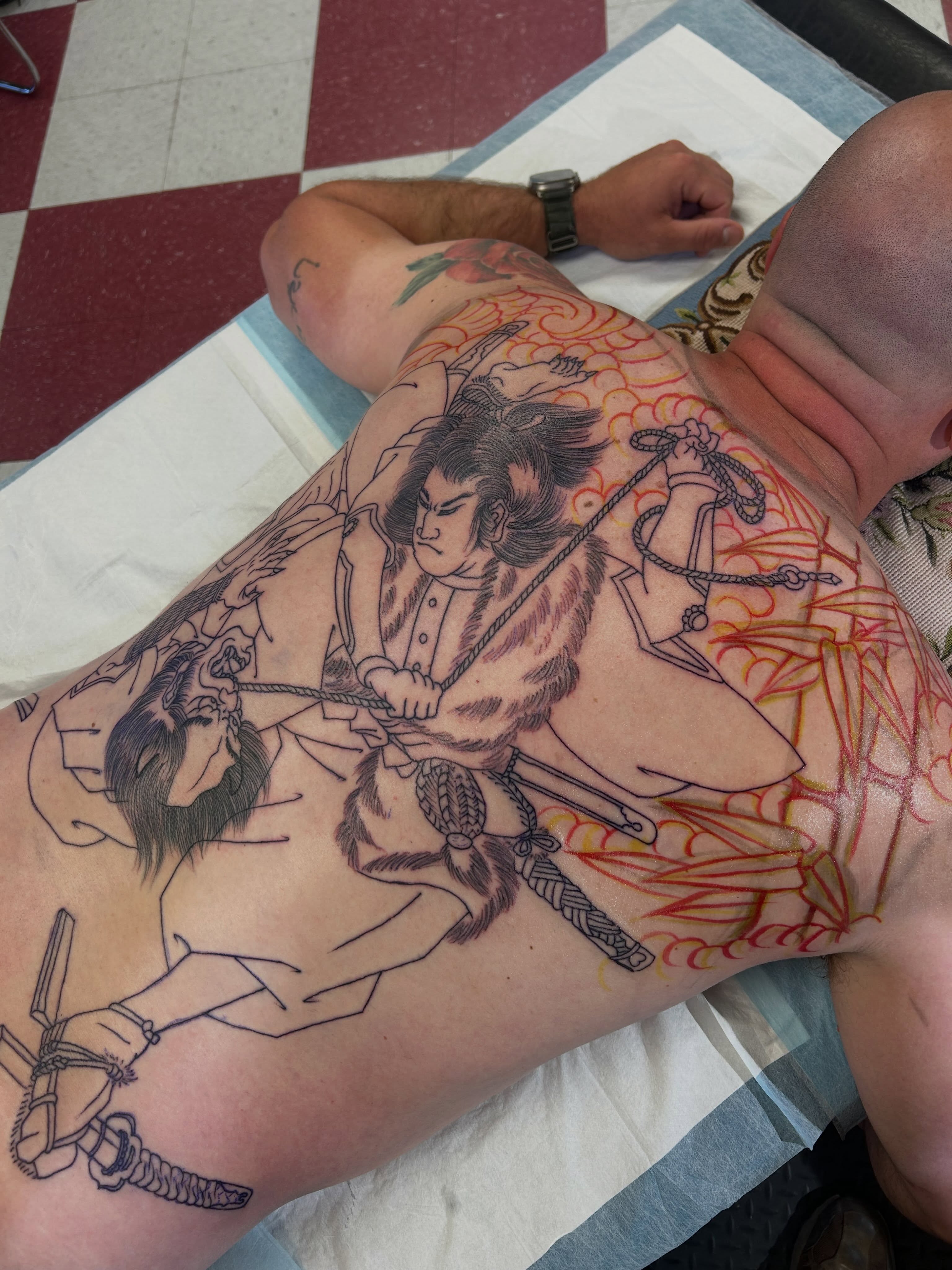 Samurai battle scene japanese irezumi tattoo on the thigh by Jim Rosal