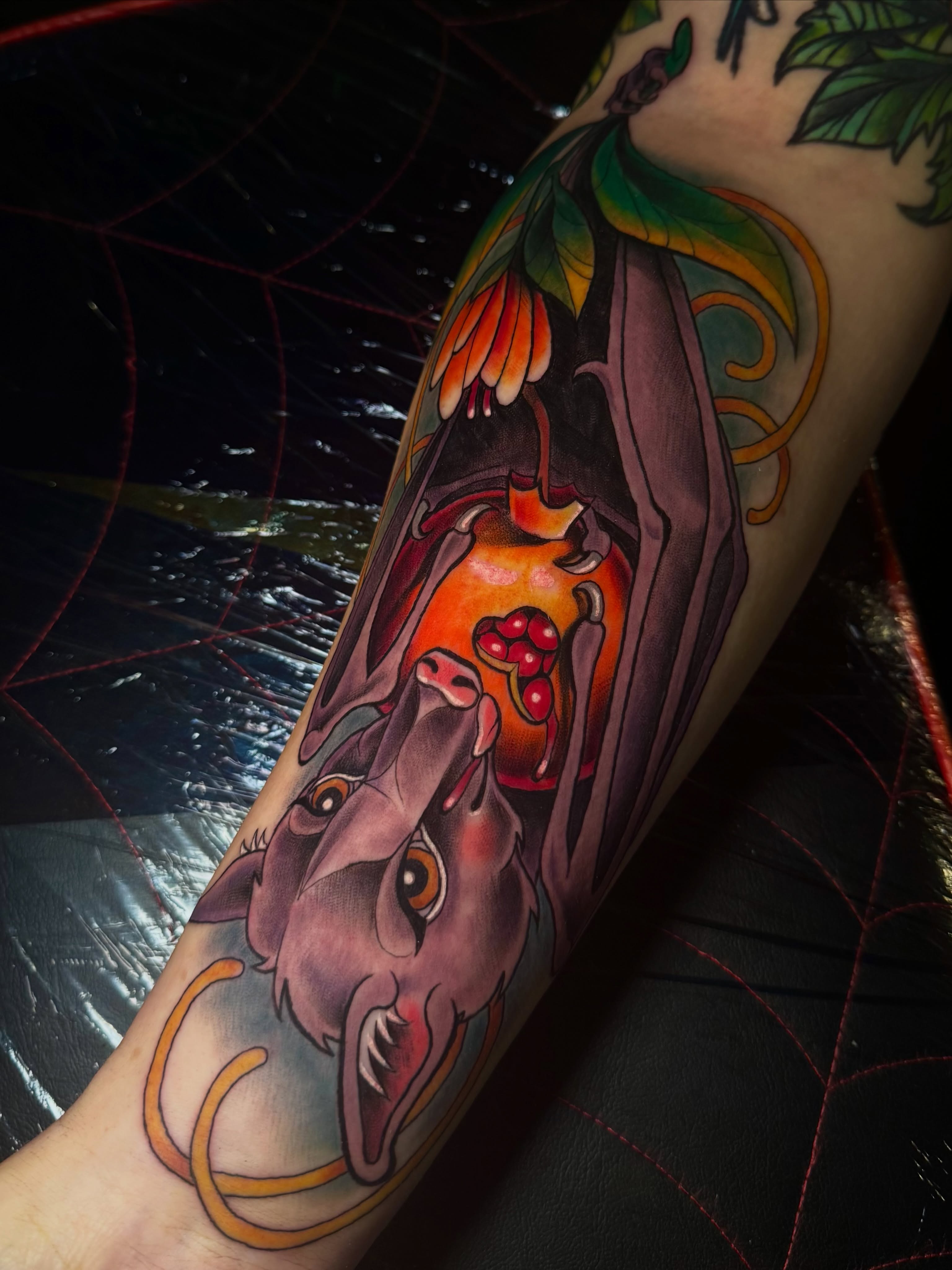 Bat and fruit American traditional tattoo on the forearm by Mags🗡️