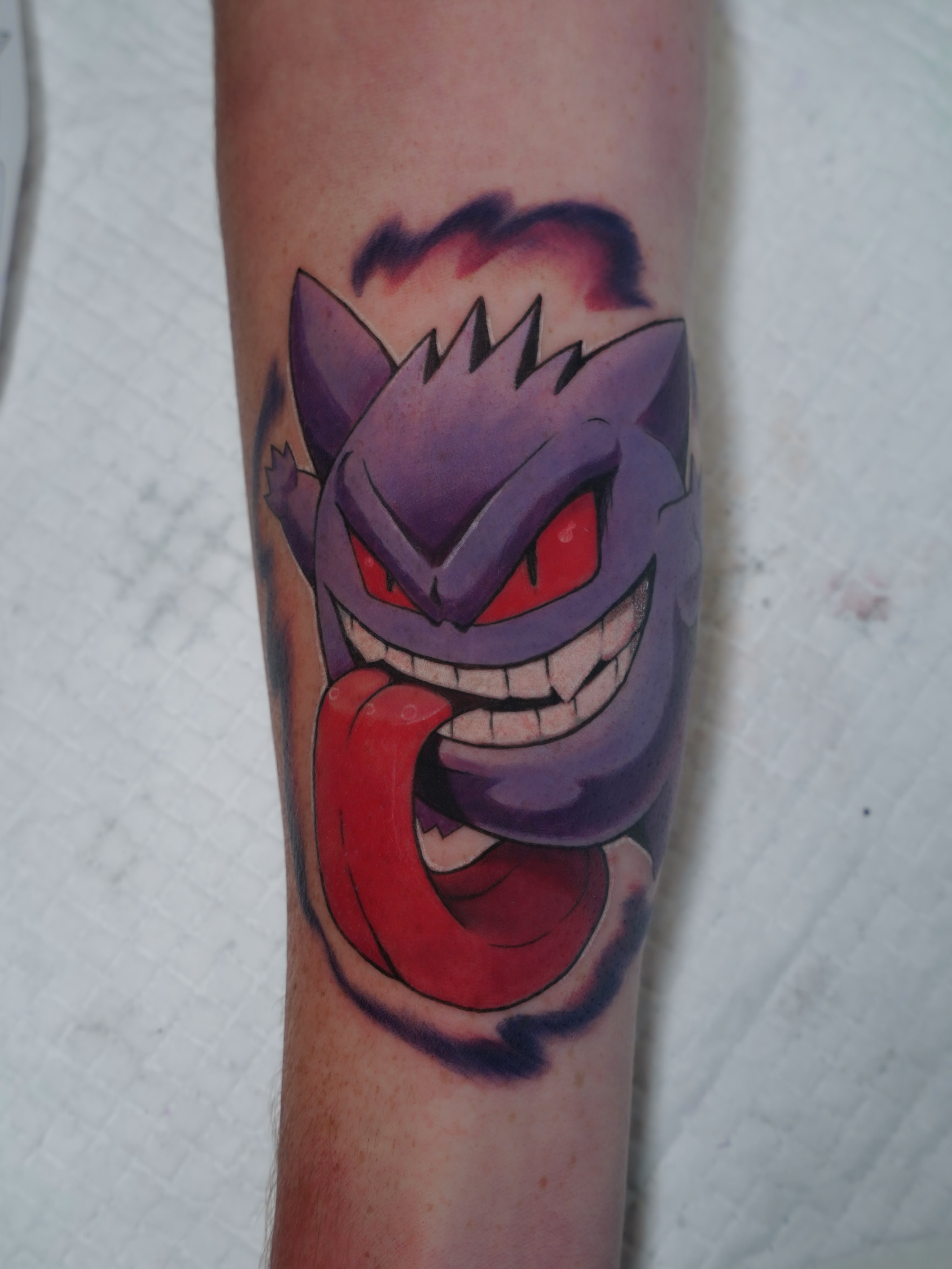 Gengar dotwork tattoo on the forearm by Derek Foferek, Charlotte, North Carolina