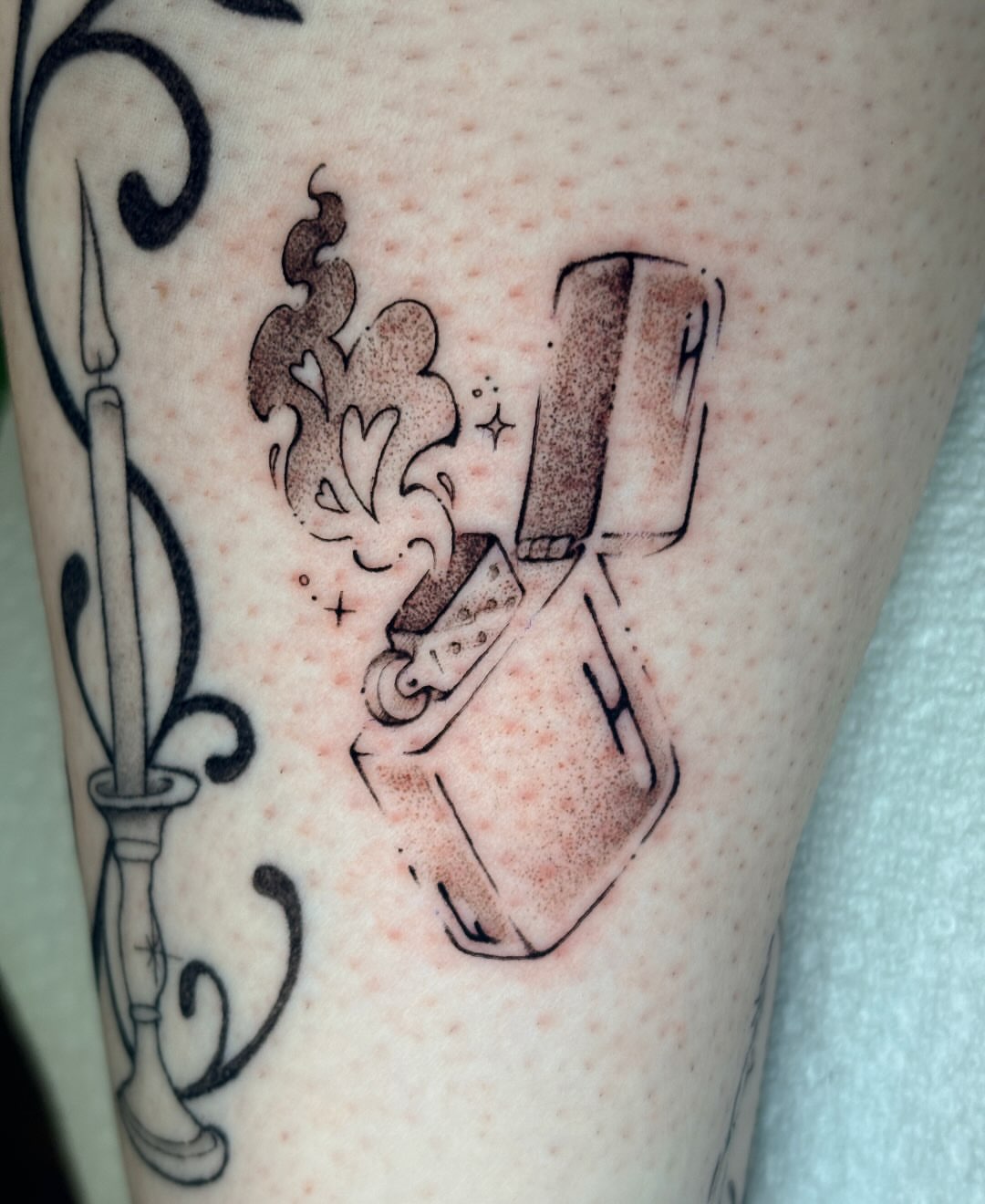 Candle and steaming pot black and grey tattoo on the forearm by jo, Wichita, Kansas