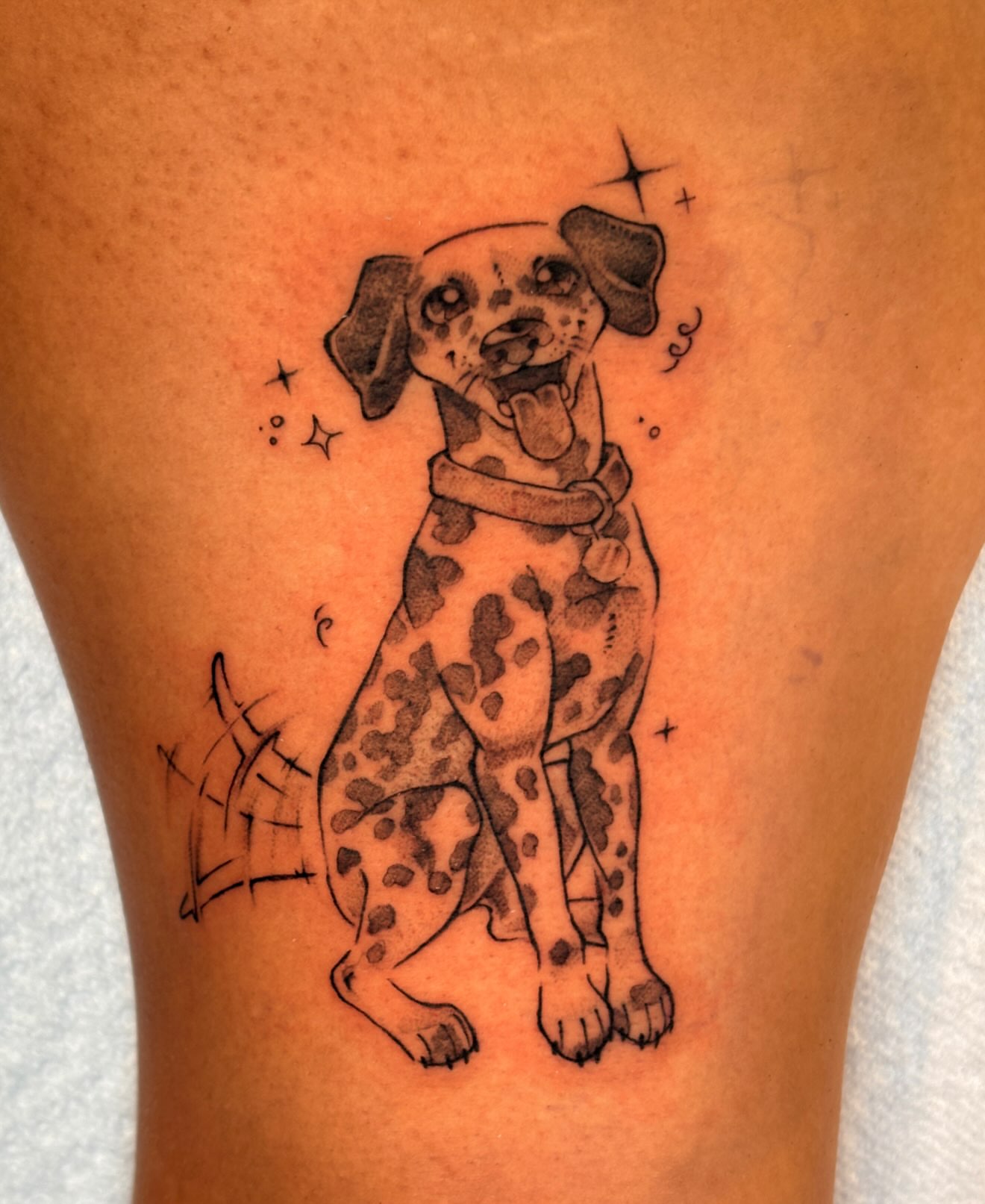 Dalmatian dog dotwork tattoo on the thigh by jo, Wichita, Kansas