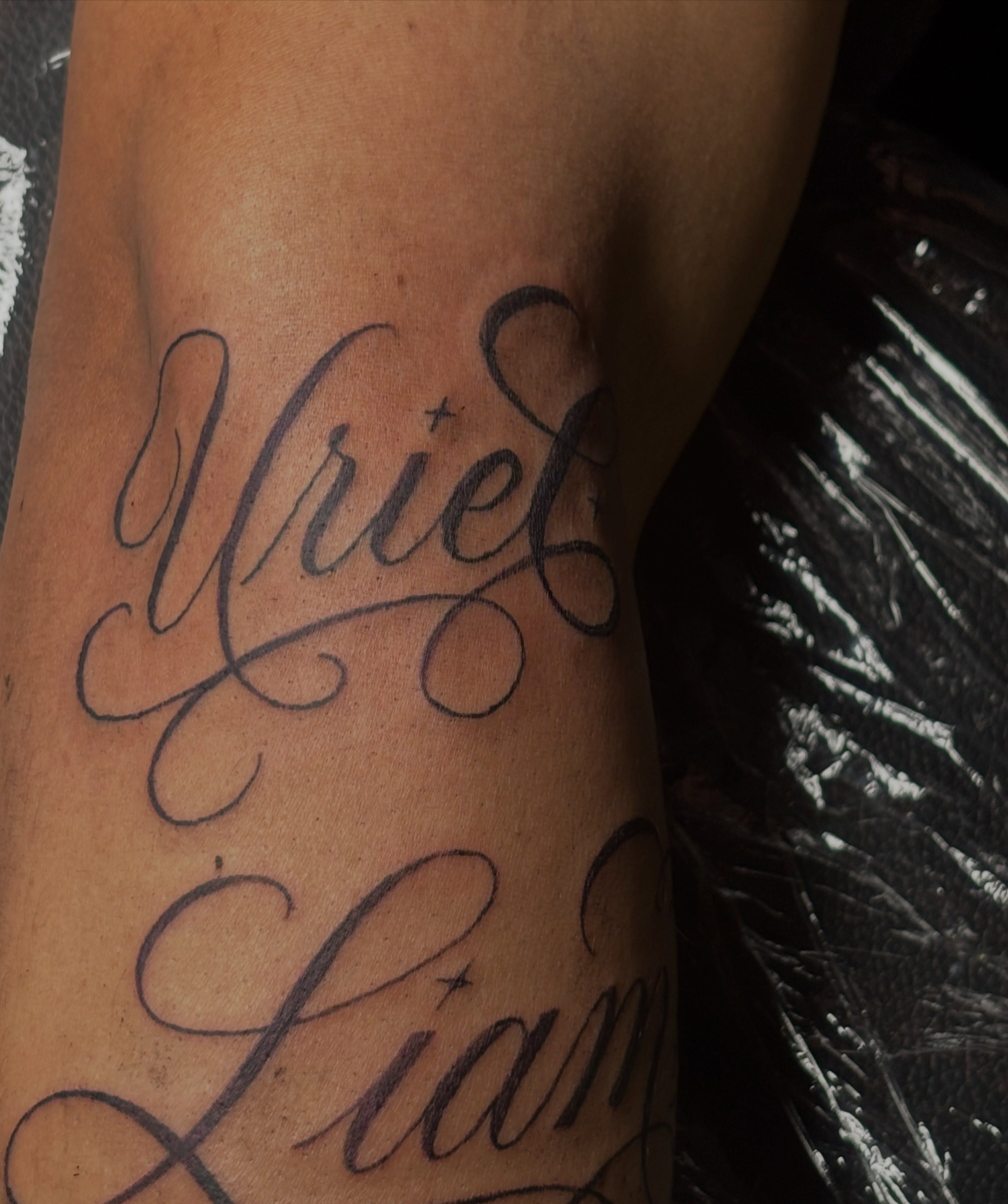 Script lettering lettering script tattoo on the forearm by Las Vegas Tattoo Artist ๐ฒโ๏ธ