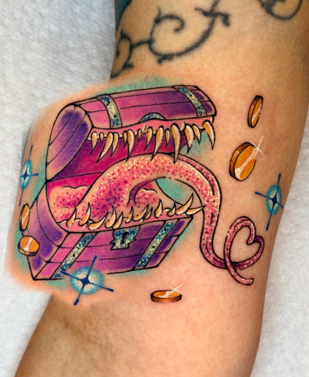 Treasure chest with dragon American traditional tattoo on the forearm by jo, Wichita, Kansas