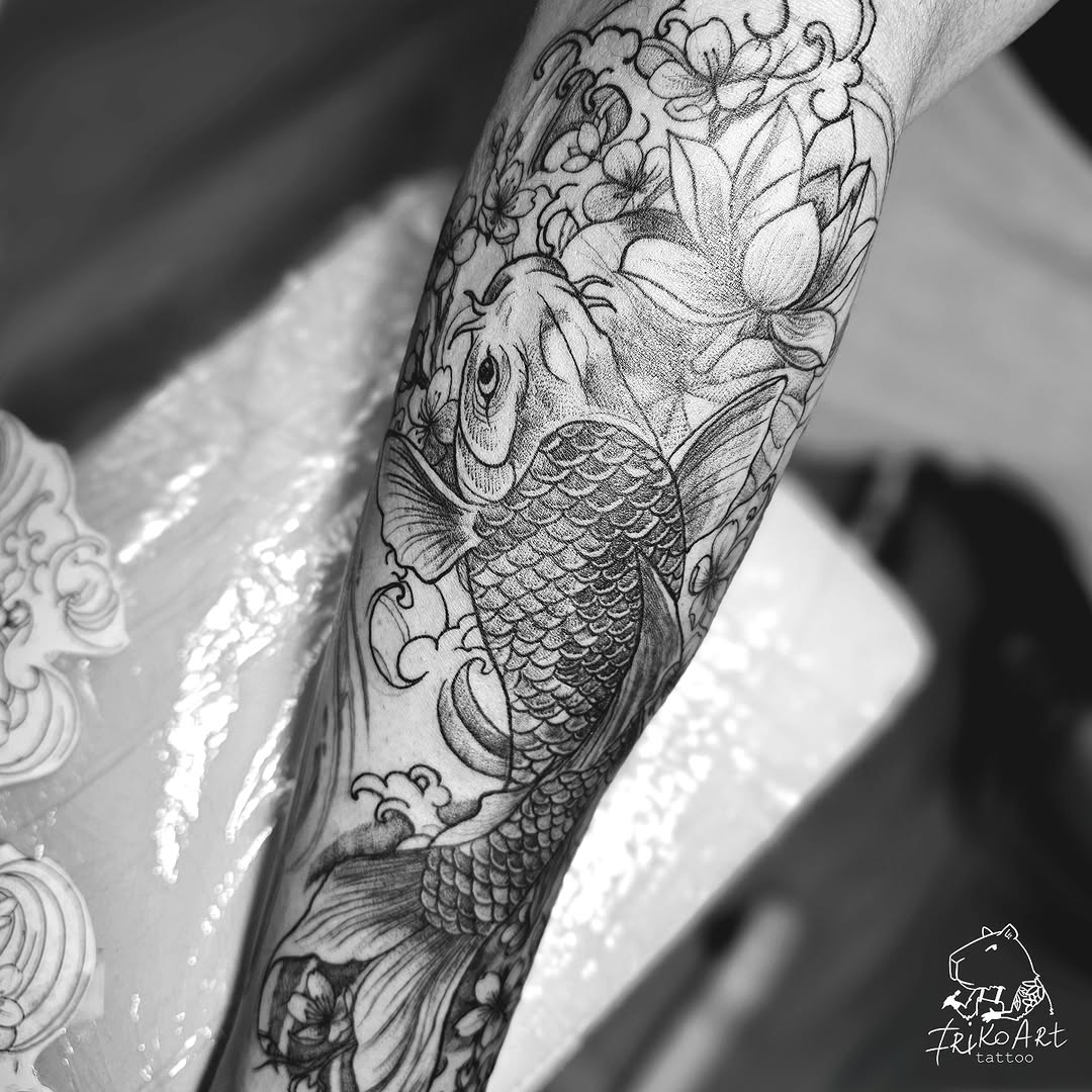 Koi fish with lotus flowers fine line tattoo on the forearm by Irina