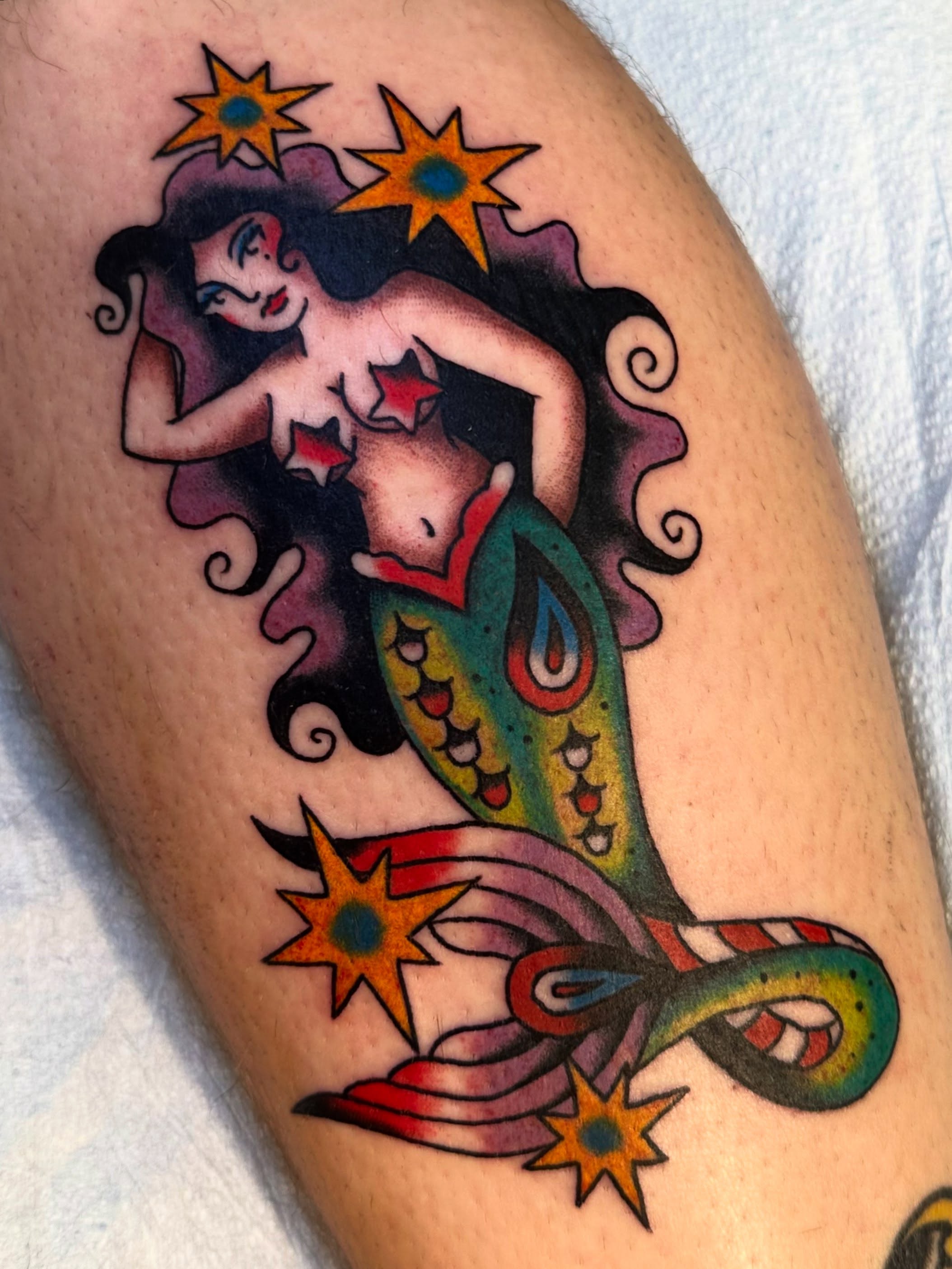 Mermaid American traditional tattoo on the thigh by ࿊ Emma Sloan Tattoos ࿊, Austin, Texas