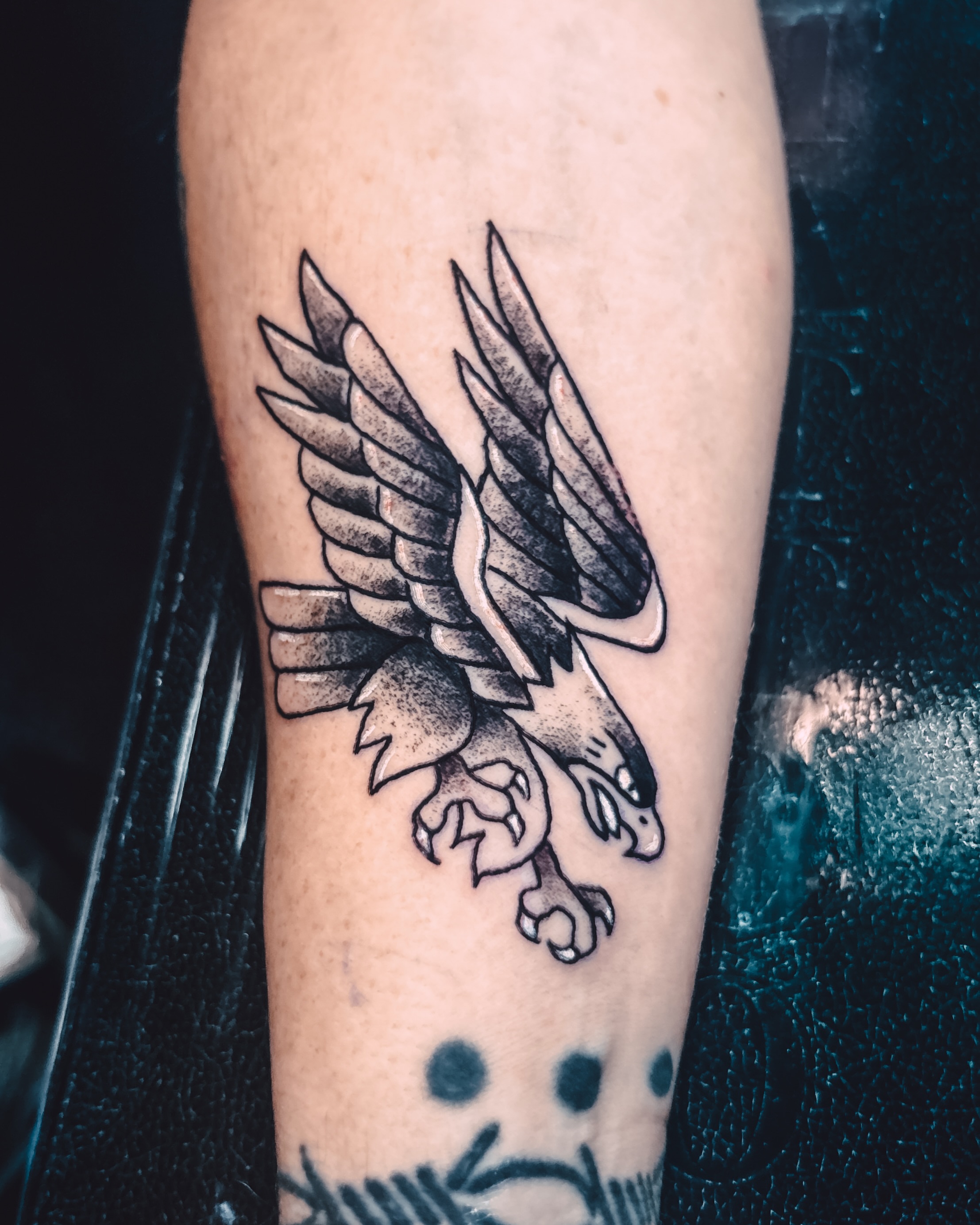 Eagle black and grey tattoo on the forearm by Liz Cook